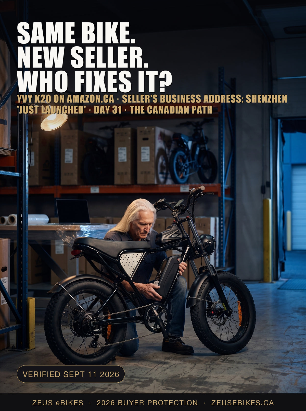 Zeus reading an Amazon seller profile on a laptop beside a YVY C20 fat-tire e-bike in an Ontario workshop