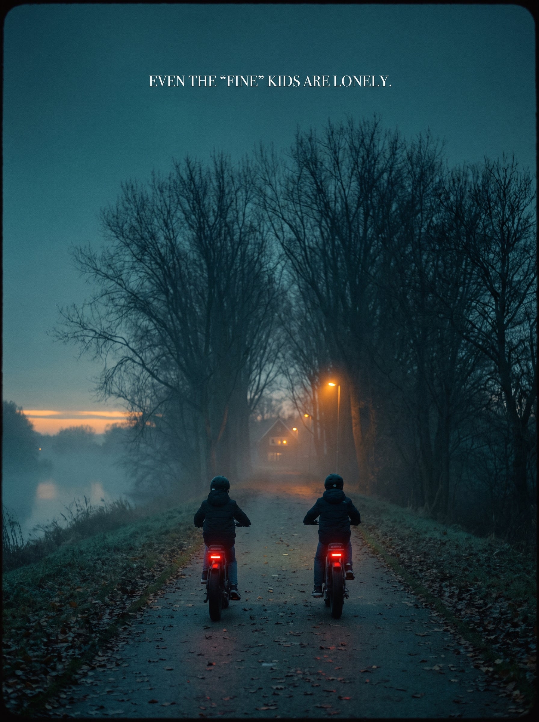 A parent and teenager ride e-bikes toward a warm streetlamp on a misty Canadian river path at dusk; headline: even the fine kids are lonely