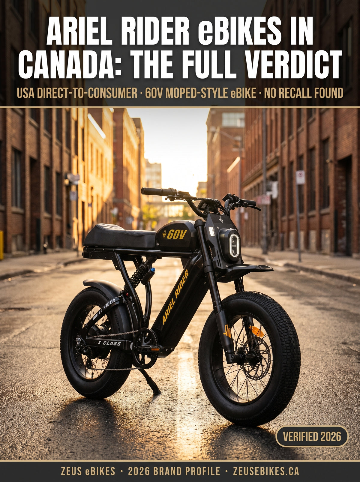 Ariel Rider eBikes Canada — X-Class 60V moped-style electric bike, brand profile cover, verified 2026