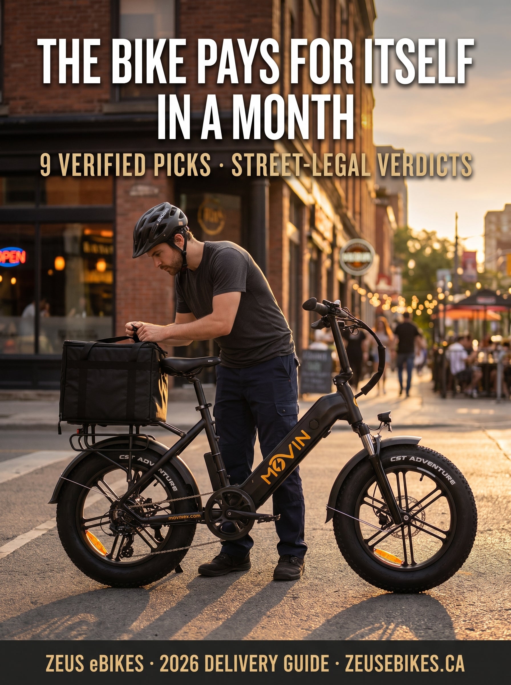 Best electric bikes for delivery in Canada 2026 — courier loading a thermal delivery bag onto the Movin' Pulse at golden hour