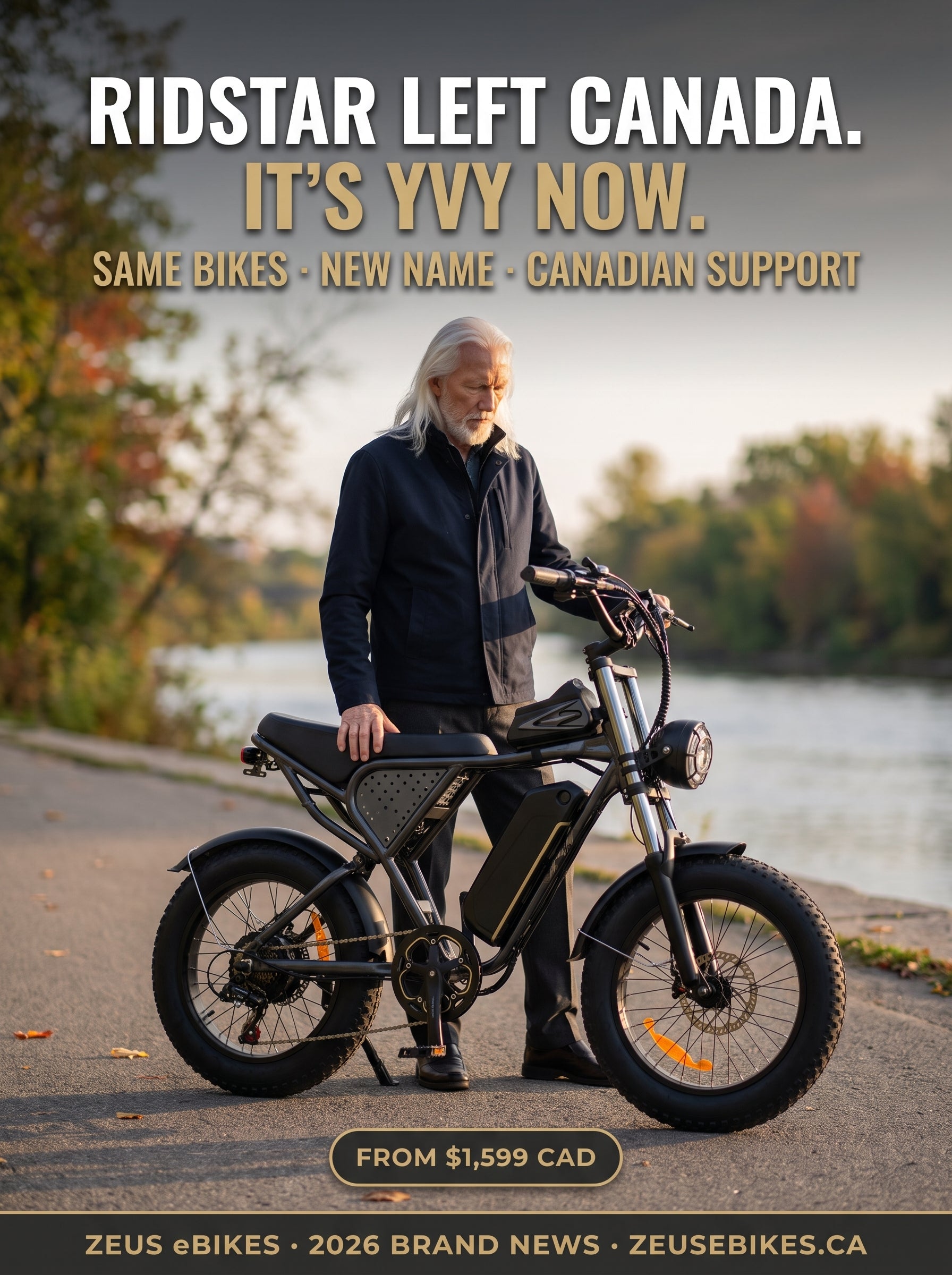 YVY fat-tire electric bike beside its owner on a Canadian riverside pathway — Ridstar is now YVY in Canada