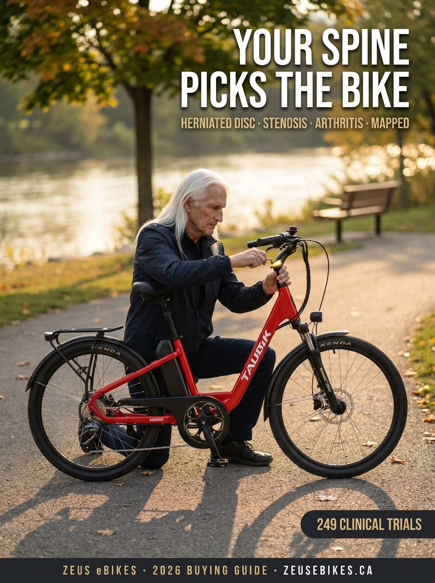 Electric Bikes for Back Pain 2026 — Zeus adjusting the upright handlebar of a red Taubik Vista 26 step-through on a golden riverside path, cover reading Your Spine Picks the Bike