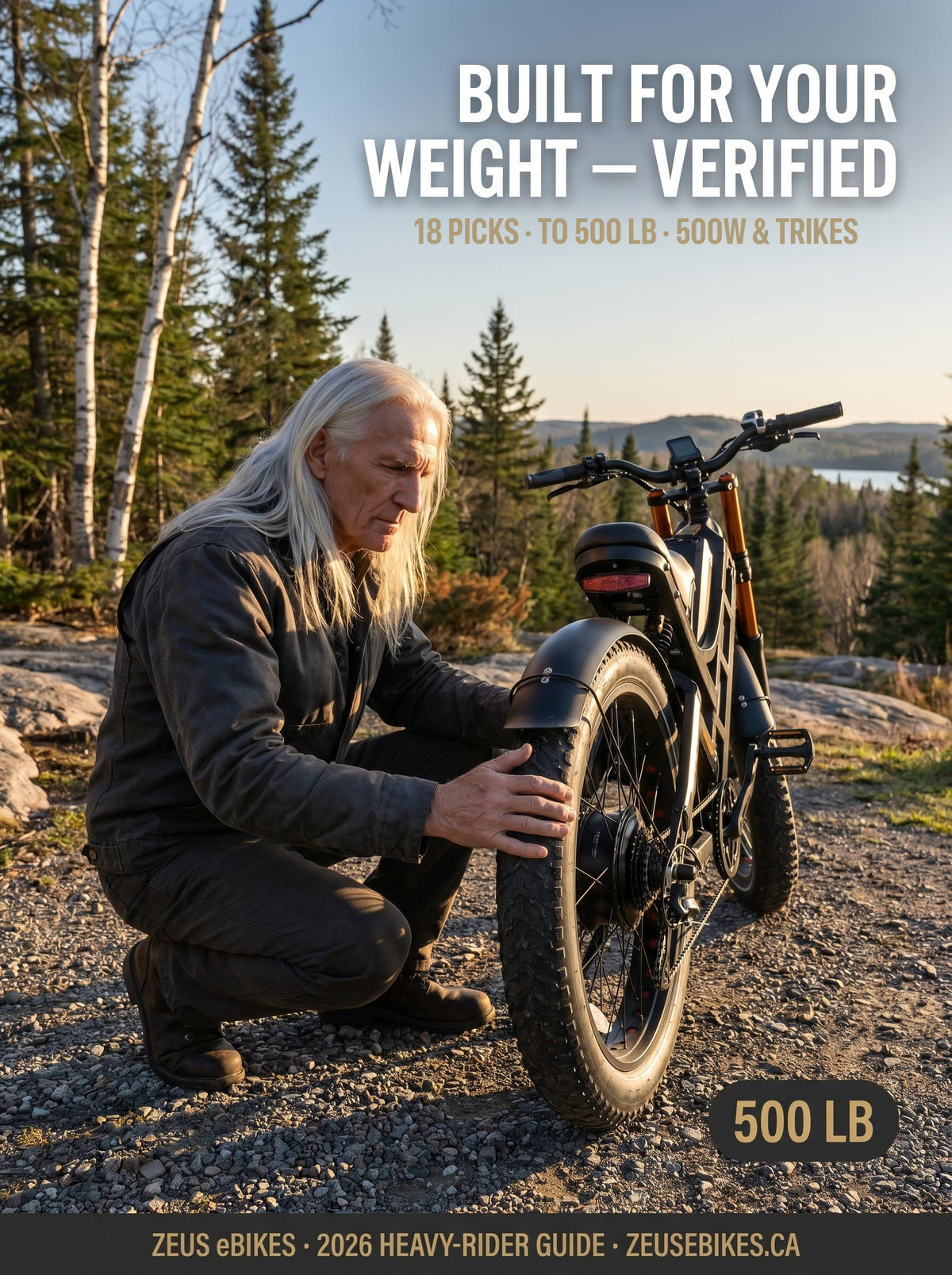 Best eBikes for Heavy Riders in Canada 2026 — Zeus with a 500 lb-rated fat-tire electric bike (portrait cover)