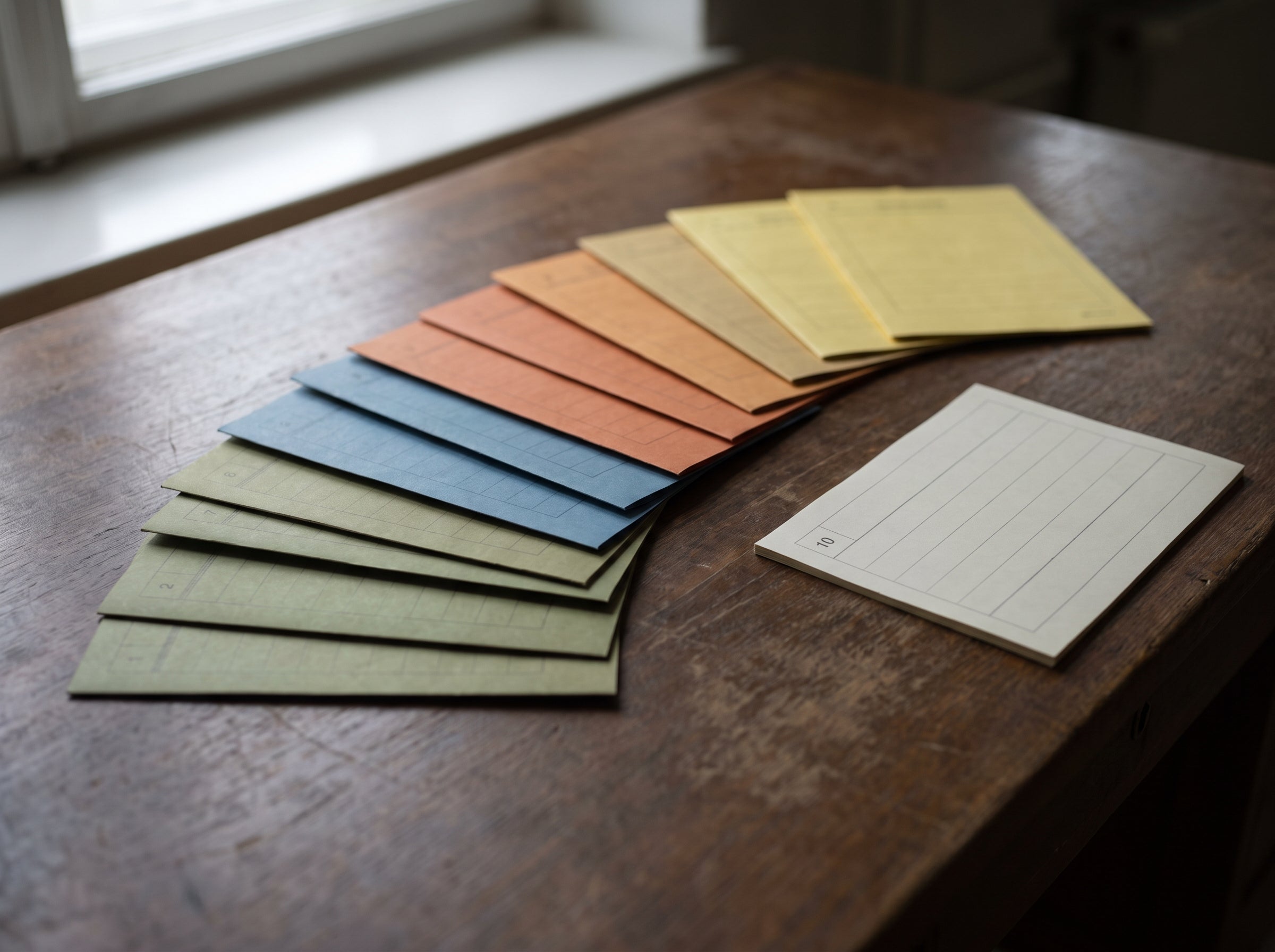 Ten blank colour-coded referendum ballot papers fanned on a dark desk, the tenth set apart from the other nine — Alberta's Question 10, 19 October 2026