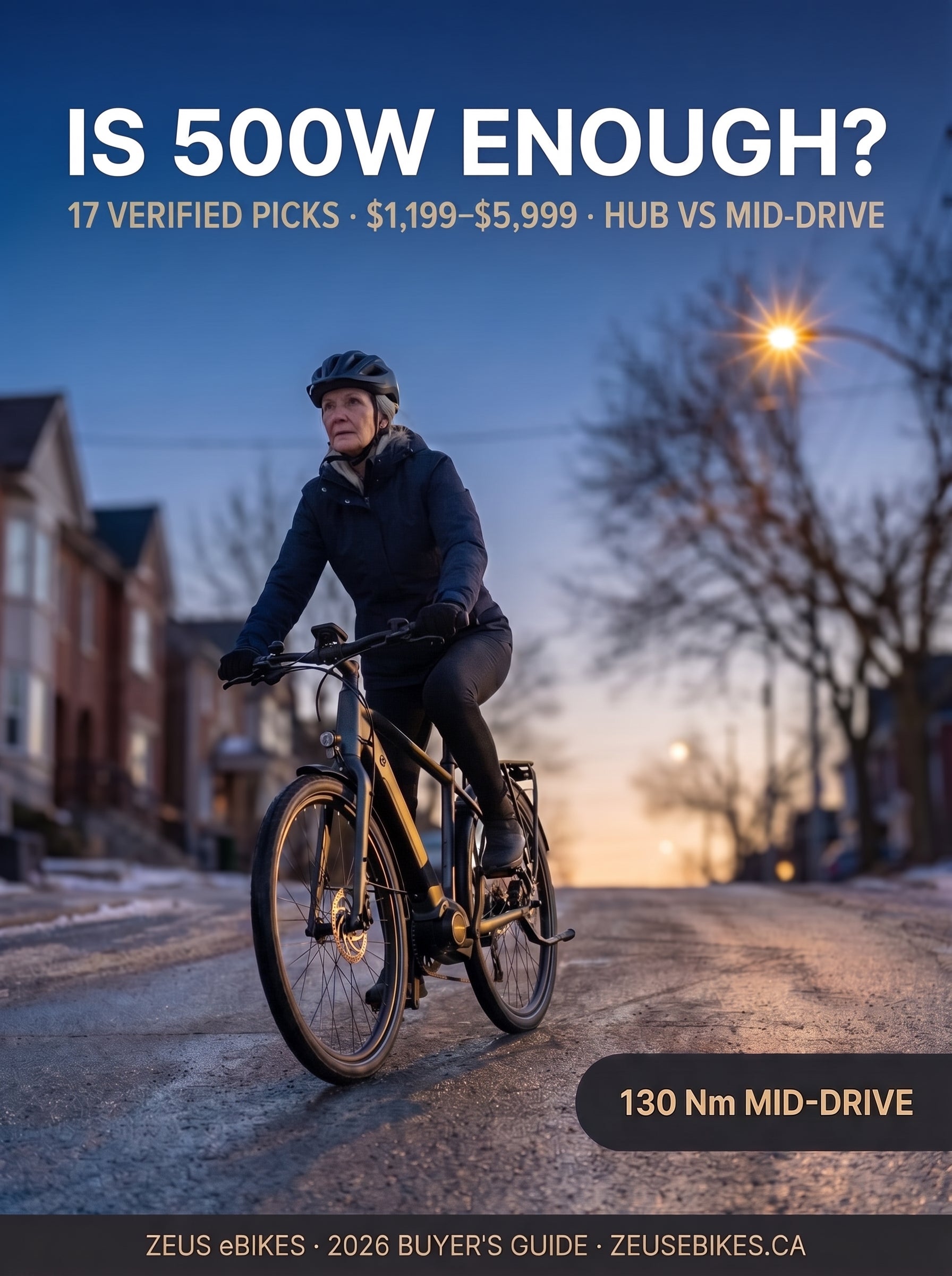Best 500W electric bikes Canada 2026 — a rider at dusk on a 500W commuter eBike, 17 verified picks from $1,199 to $5,999