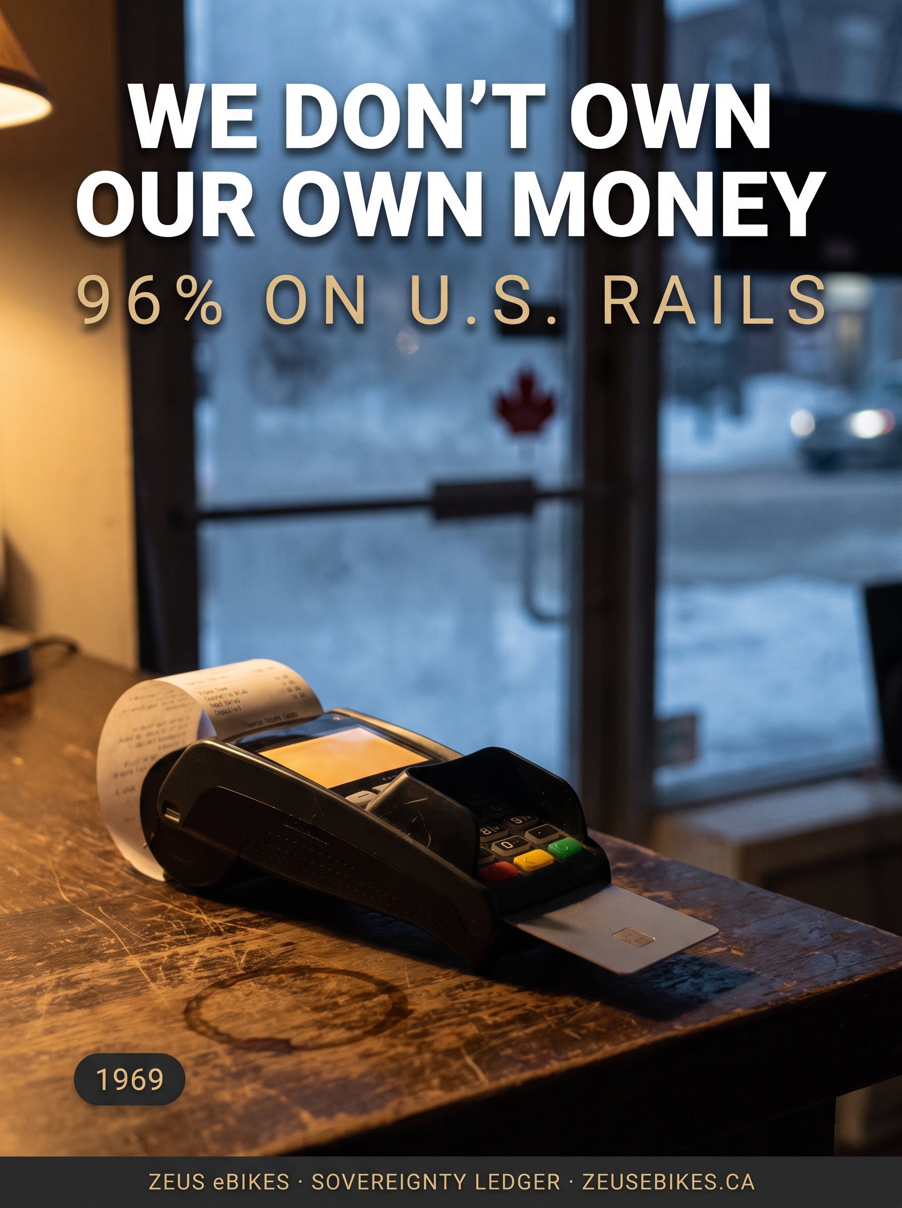 A Canadian shopfront card terminal glowing on a wooden counter at dusk — the toll we don't own