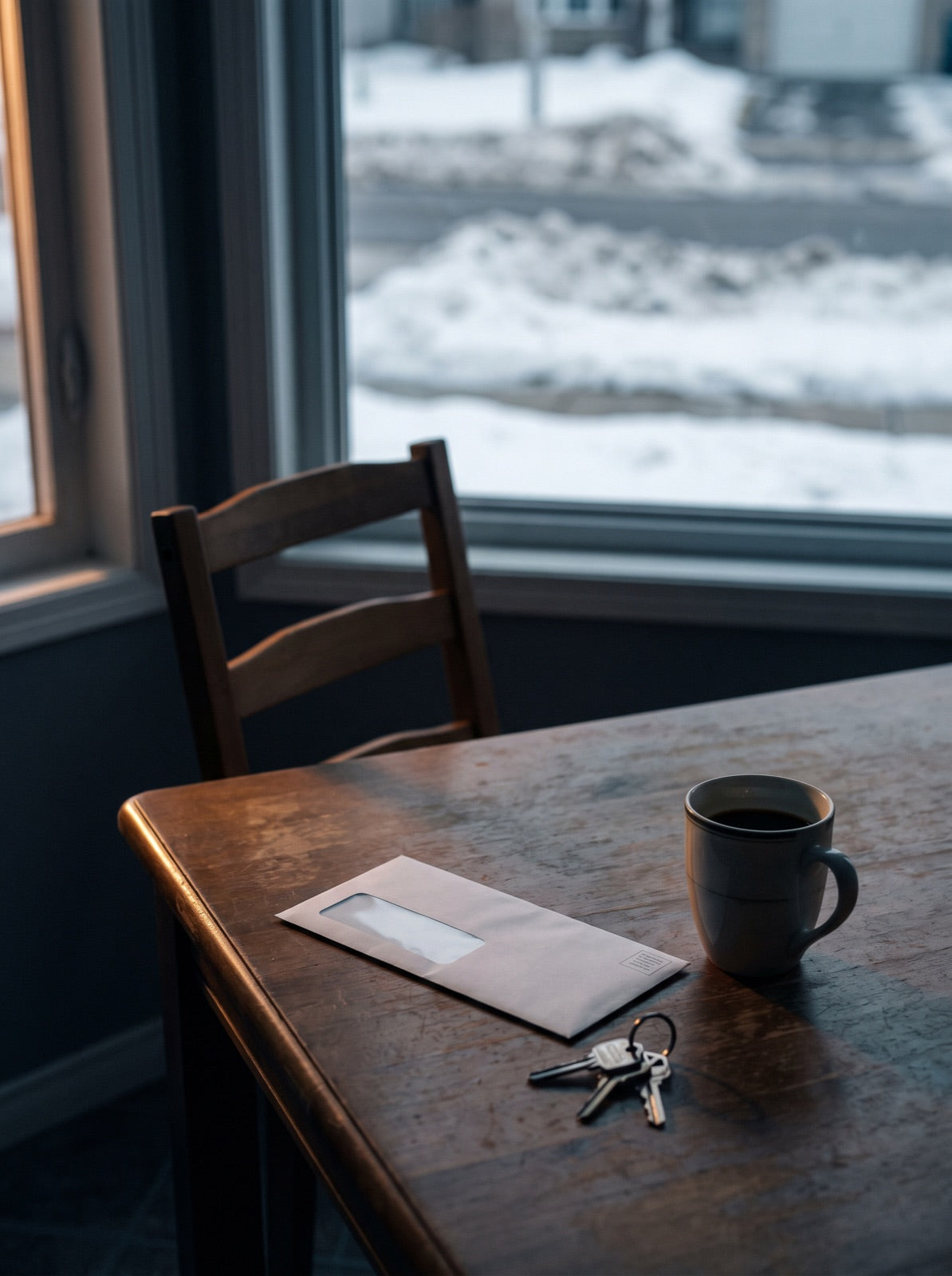 A kitchen table at dawn with an unopened envelope, cold coffee and house keys