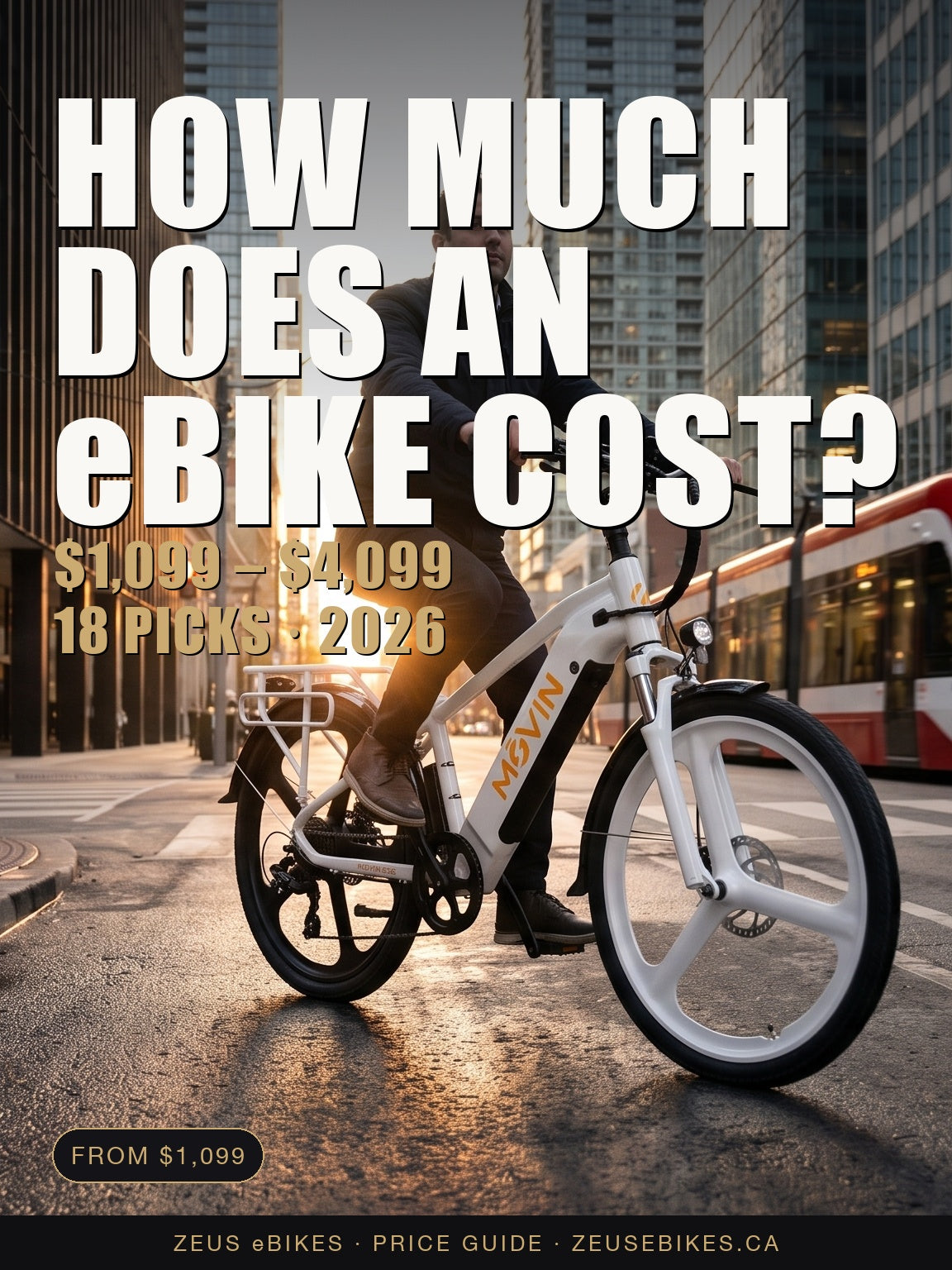 How much does an eBike cost in Canada — cyclist on a Movin electric bike on a downtown Toronto street, price range $1,099 to $4,099, 18 verified picks