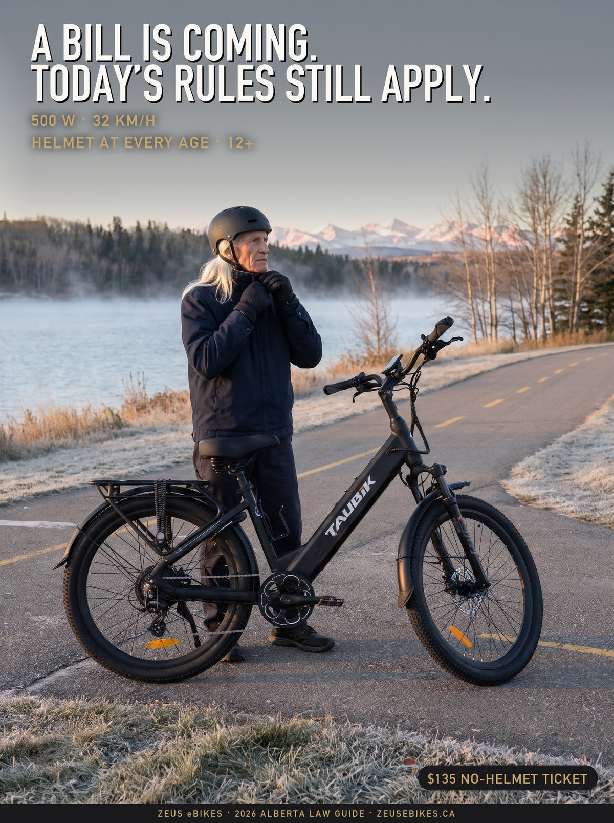 Playcut rendering of Zeus fastening his helmet beside a matte black Taubik Blackburn 275T on a frosted Alberta lakeside pathway, headline A bill is coming. Today’s rules still apply. · Alberta E-Bike Laws 2026 · Zeus eBikes Canada
