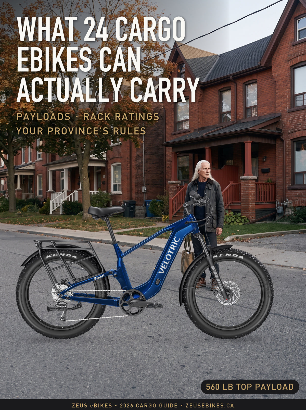 Best cargo eBikes Canada 2026: a blue Velotric Nomad 2X fat-tire cargo eBike, Velotric's own product photo placed unaltered, in front of Zeus on a Toronto Leslieville street in a scene generated by Playcut.ai