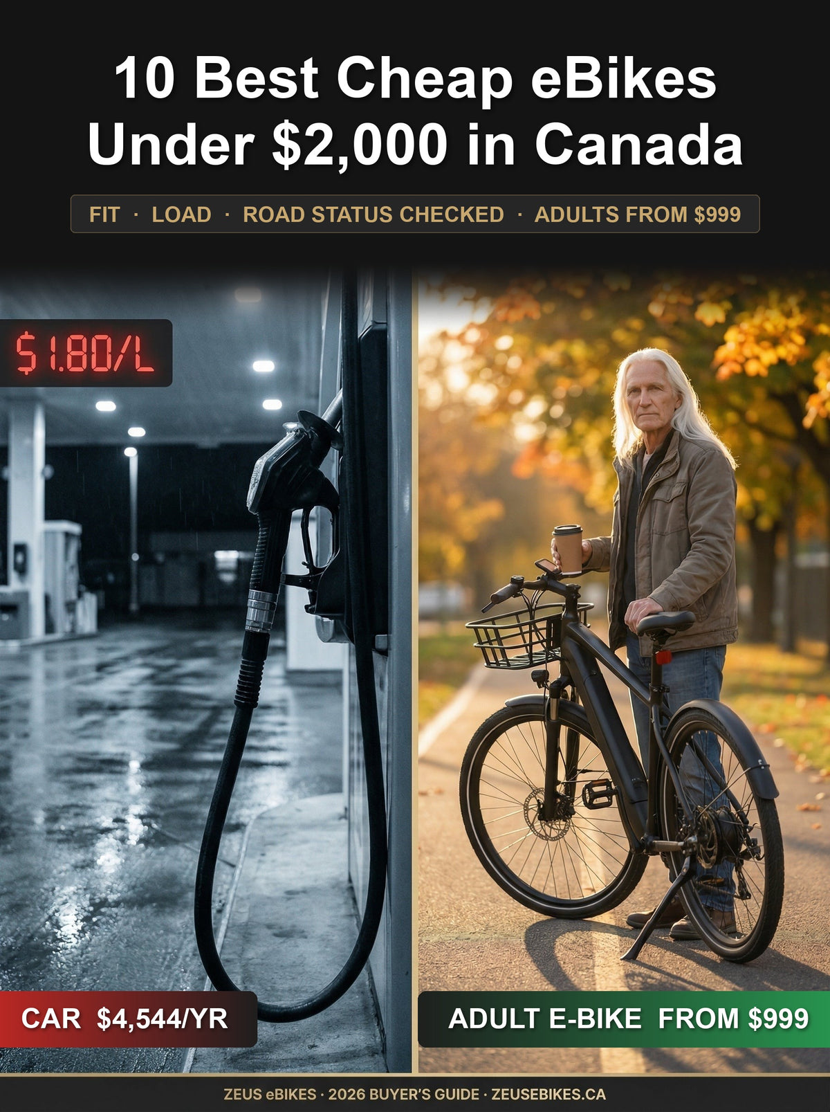 Split image: a gas station sign reading $1.80 a litre with a tag of $4,544 a year for a car, beside an autumn bike path where a rider stands with an adult e-bike tagged from $999; a Playcut.ai rendering