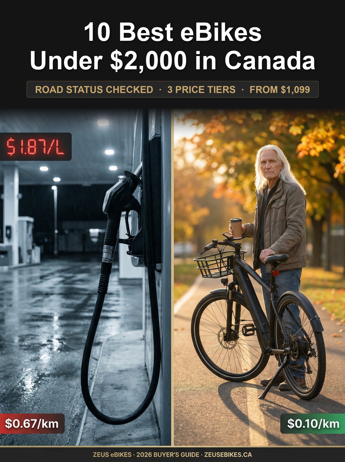 Split-frame cost comparison: a rainy Canadian gas station at $1.87/L and $0.67/km beside an autumn bike path where a rider stands with an electric bike at $0.10/km