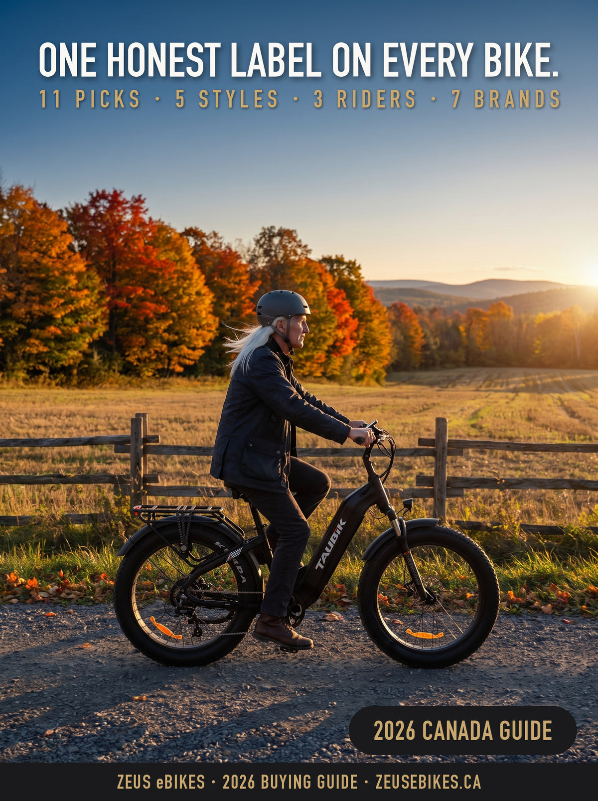 Zeus riding a black Taubik Tour S e-bike on a rail trail past autumn maples at sunset, a Playcut rendering: best electric bikes in Canada, 2026, 11 picks