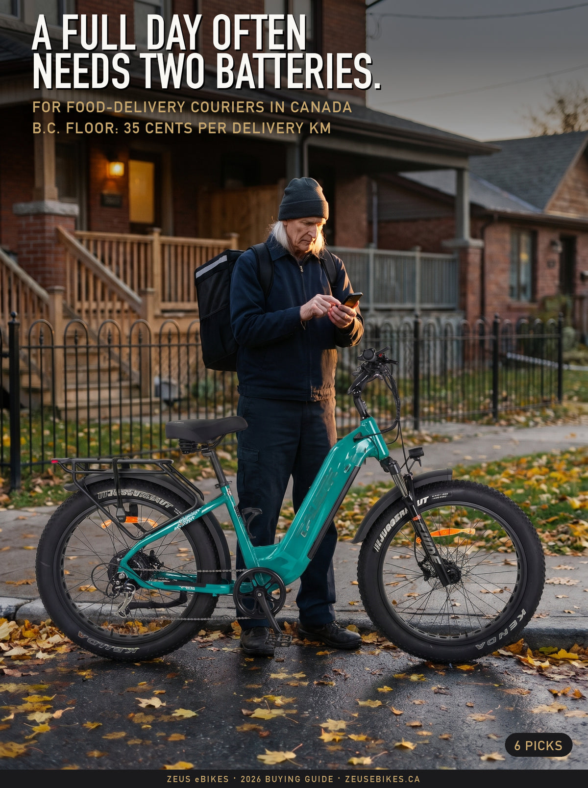 A courier with a delivery backpack reads his phone behind a teal Taubik Tour S e-bike on a Toronto street: the best e-bikes for delivery in Canada, a Playcut rendering made from Taubik's own photograph