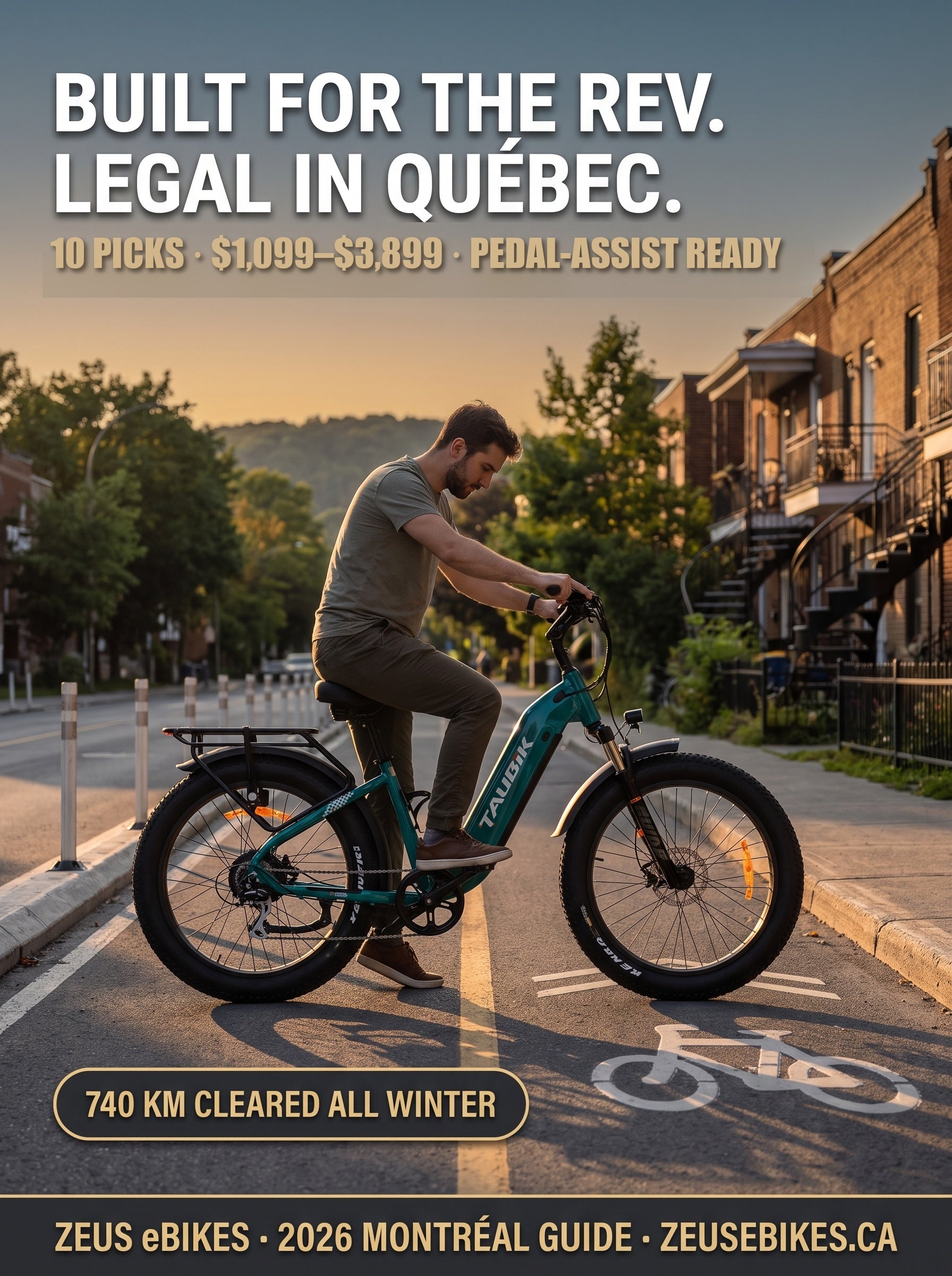 Rider on a teal Taubik Tour e-bike stopped on a protected Montréal bike lane at golden hour, spiral staircases and Mount Royal behind — Best Electric Bikes Montreal 2026 guide by Zeus eBikes Canada