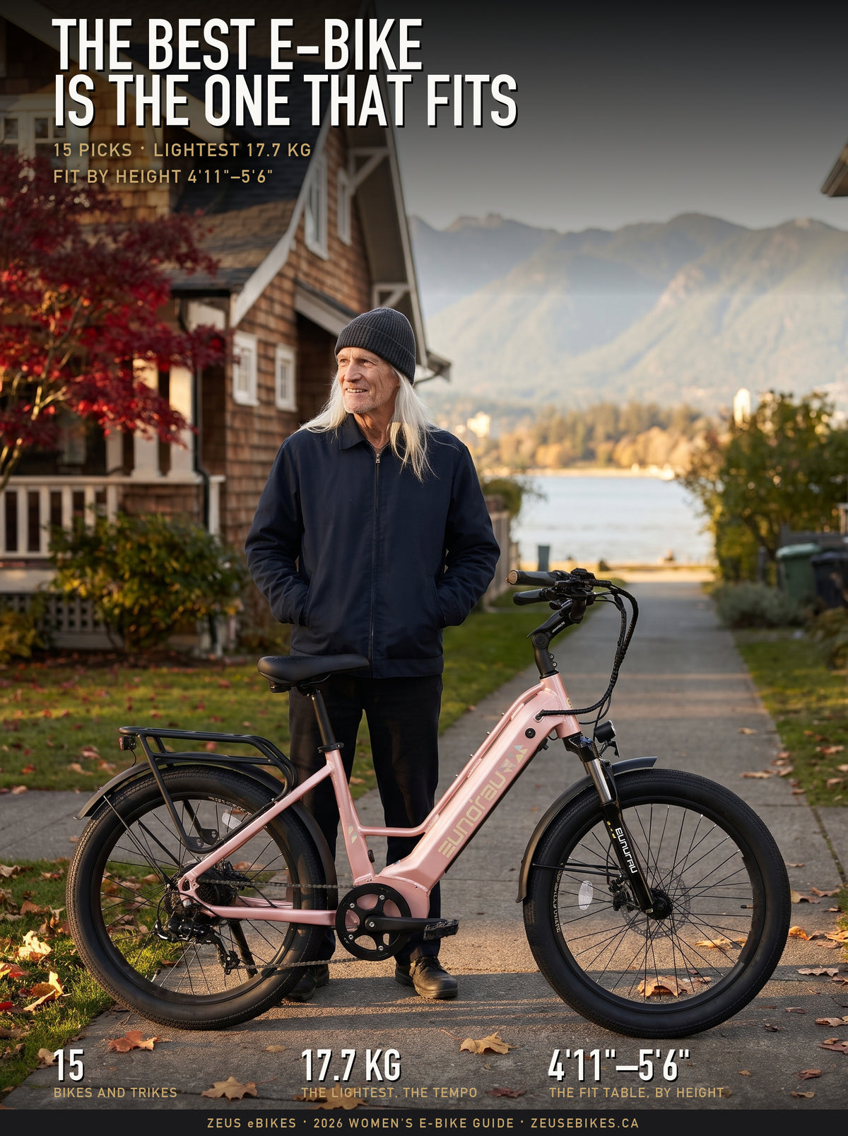 Zeus smiling beside a pastel pink Eunorau Meta 24 step-through e-bike on a sunny Vancouver street, with the North Shore Mountains behind.