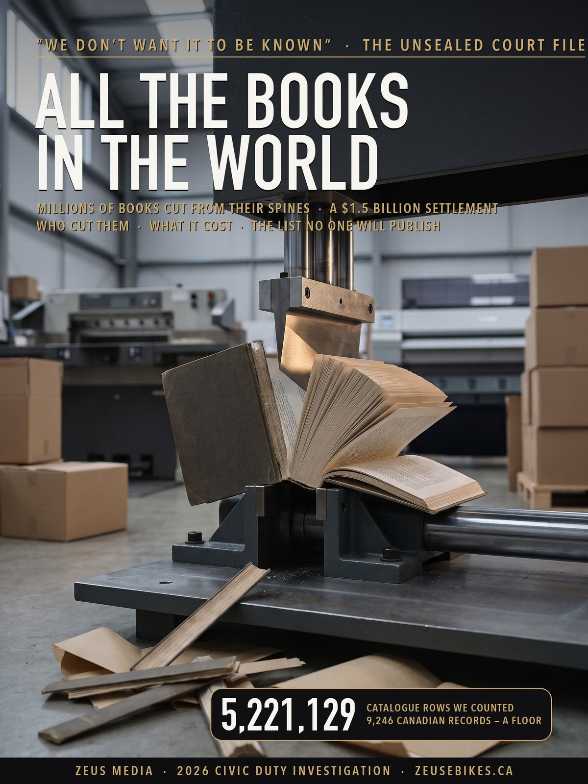 A hydraulic cutter poised over a stack of hardcover books on an industrial scanning line, pages fanned under warehouse light