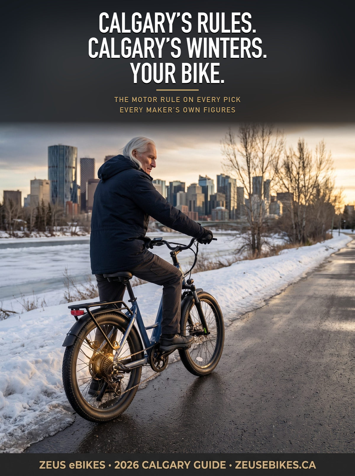 Zeus eBikes 2026 Calgary guide cover: an AI-generated illustration of a rider on a bike on a snowy riverside pathway in Calgary at dusk, downtown skyline behind; the headline reads Calgary's rules. Calgary's winters. Your bike.