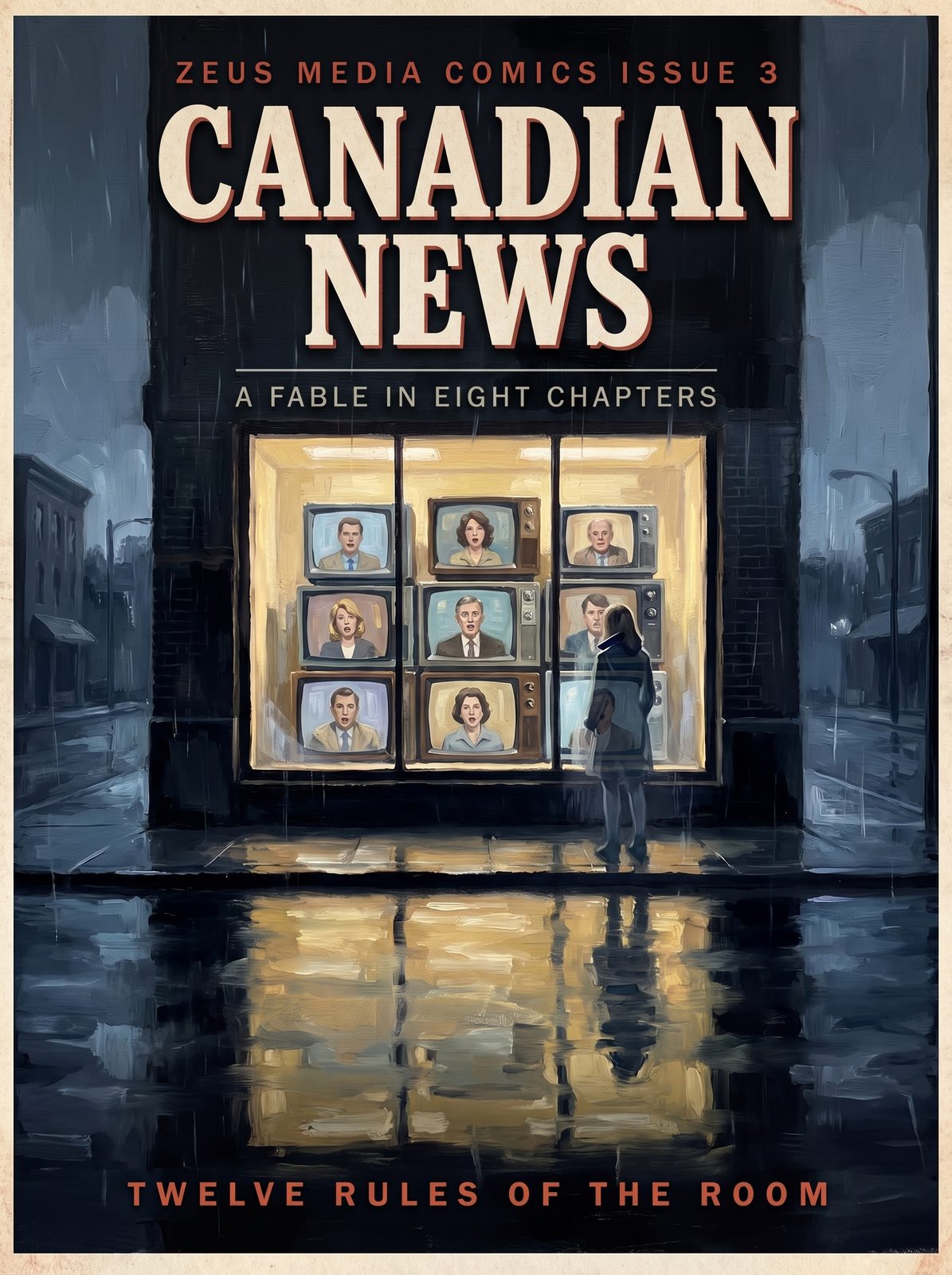 A shop window at night with nine glowing television screens, nine different presenters, every mouth caught in the same open shape