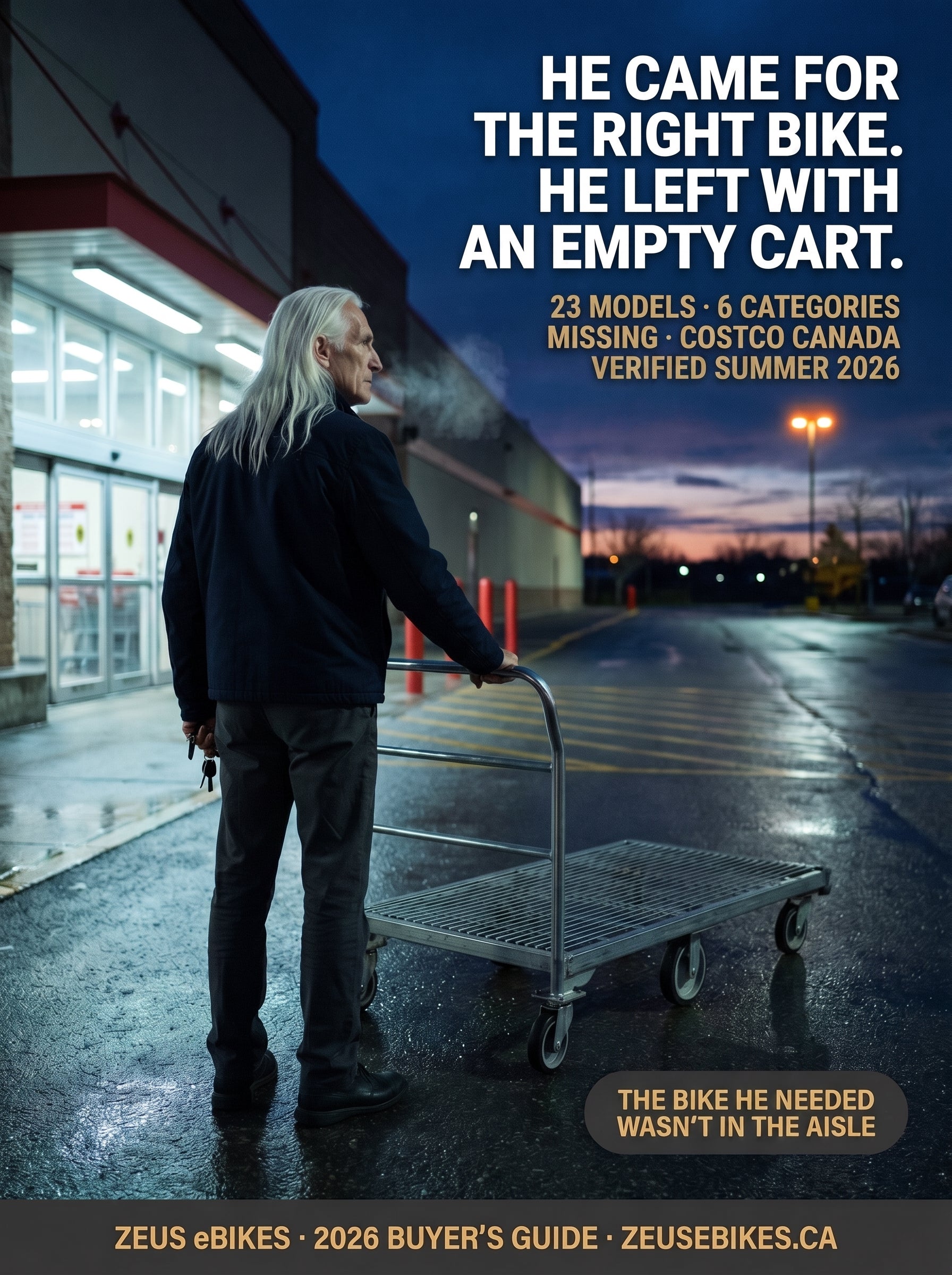 Zeus standing in a Canadian big-box parking lot at dusk with one hand on an empty flat cart, the warehouse doors glowing cool fluorescent behind him — the moment a buyer realises the right bike was never on the shelf