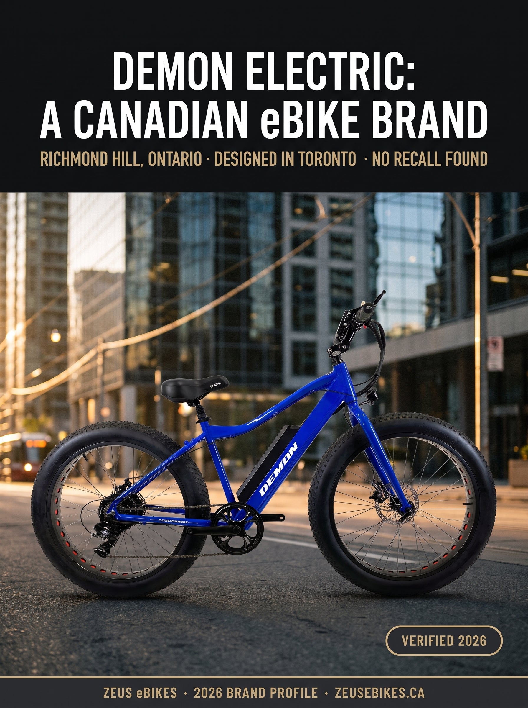 Zeus eBikes verified brand profile of Demon Electric Canada 2026 — ownership, warranty reality, safety record, and sourced verdict