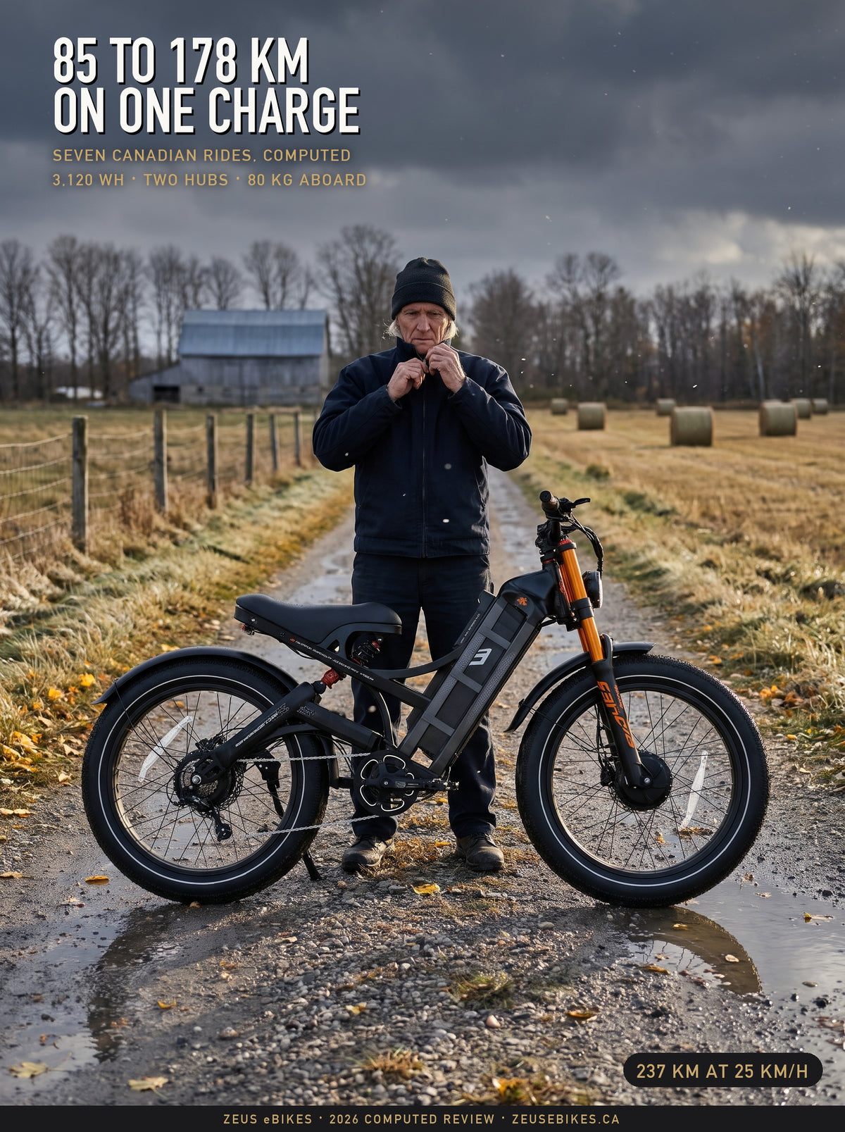 Zeus stands behind an Eahora Romeo Pro II on a gravel farm lane in late October under the headline 85 to 178 km on one charge: a Playcut rendering made from Eahora's own photograph