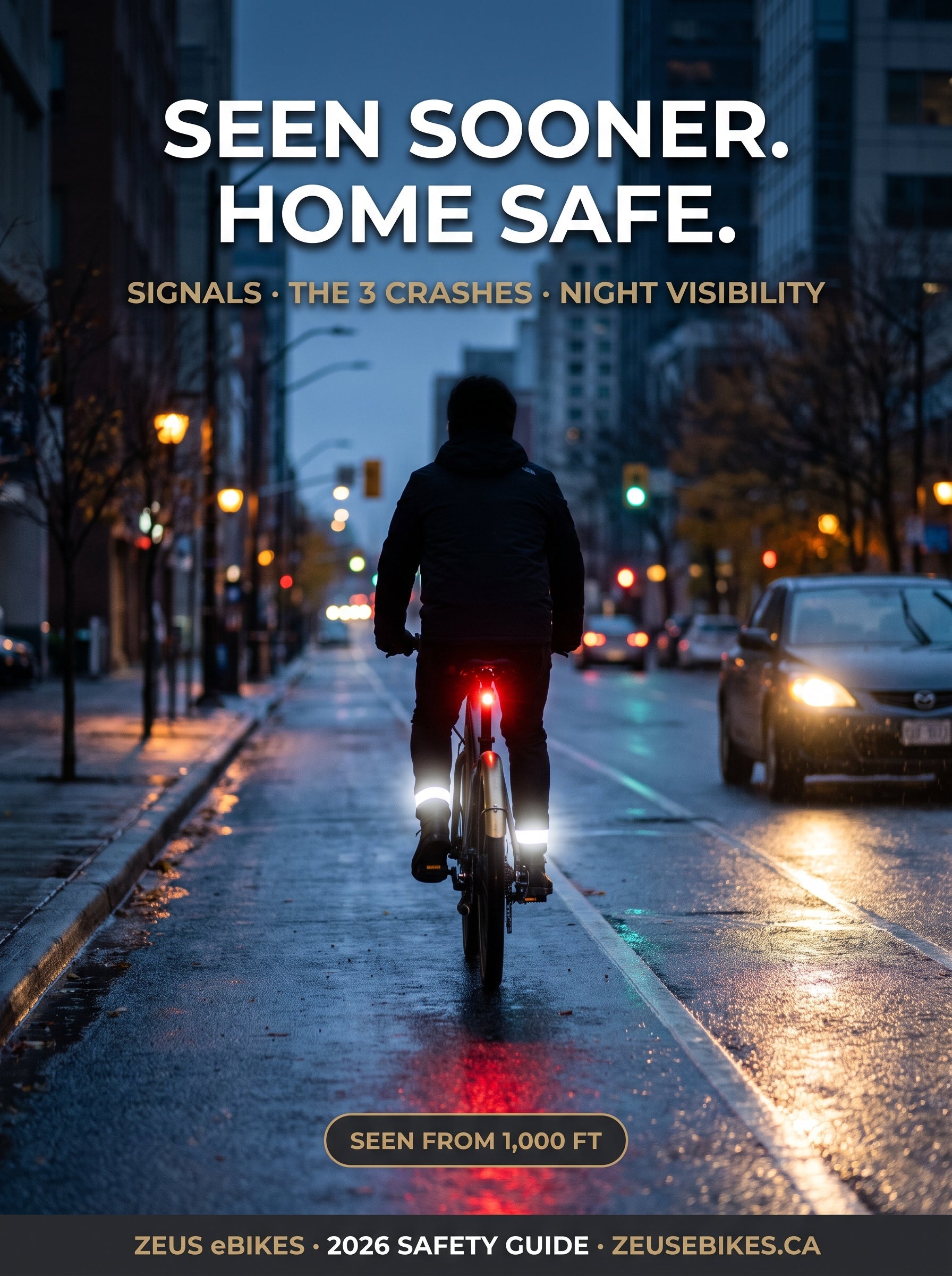 Cyclist with glowing reflective ankle bands at dusk on a wet Canadian city street — Zeus eBikes safety guide