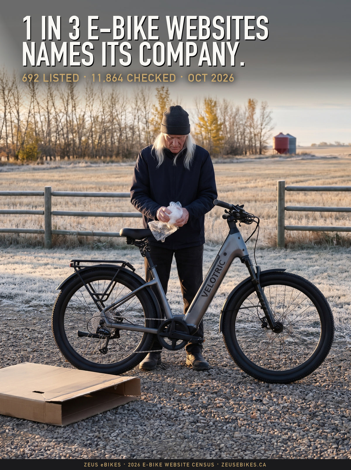 Zeus behind a Stone Gray Velotric Discover 3 e-bike on a frosty Saskatchewan driveway beside its flattened shipping carton, a Playcut rendering with the headline 1 in 3 e-bike websites names its company