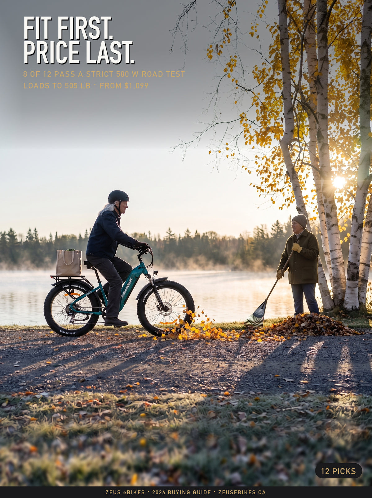 Zeus rides a deep-teal Taubik Tour S step-through e-bike past a neighbour raking birch leaves on a misty Ontario lakeshore at sunrise; cover type: Fit first. Price last. 8 of 12 pass a strict 500 W road test.