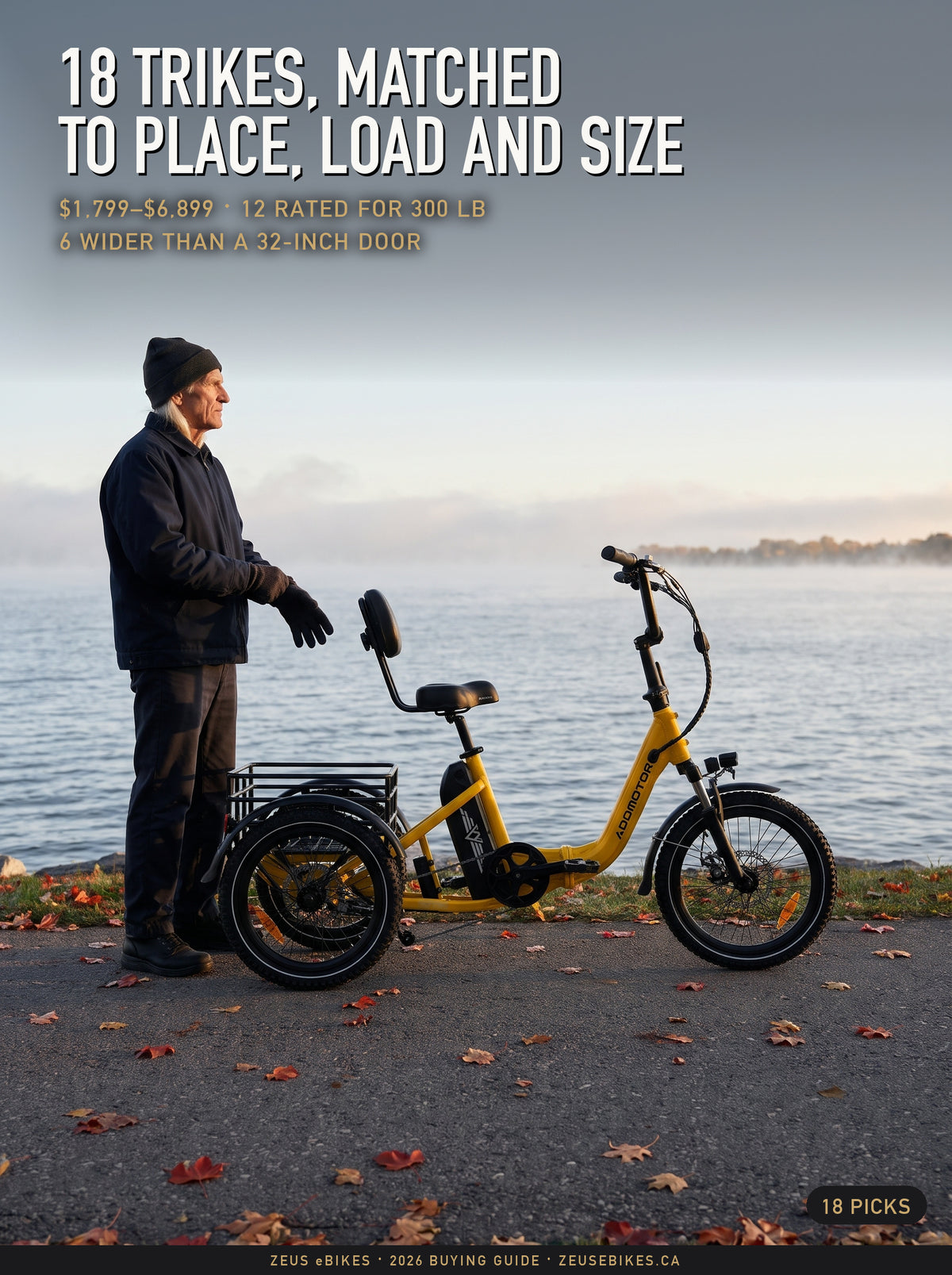 A Playcut rendering of Zeus beside a yellow Addmotor Citytri E-310 electric trike on a Lake Ontario trail in October
