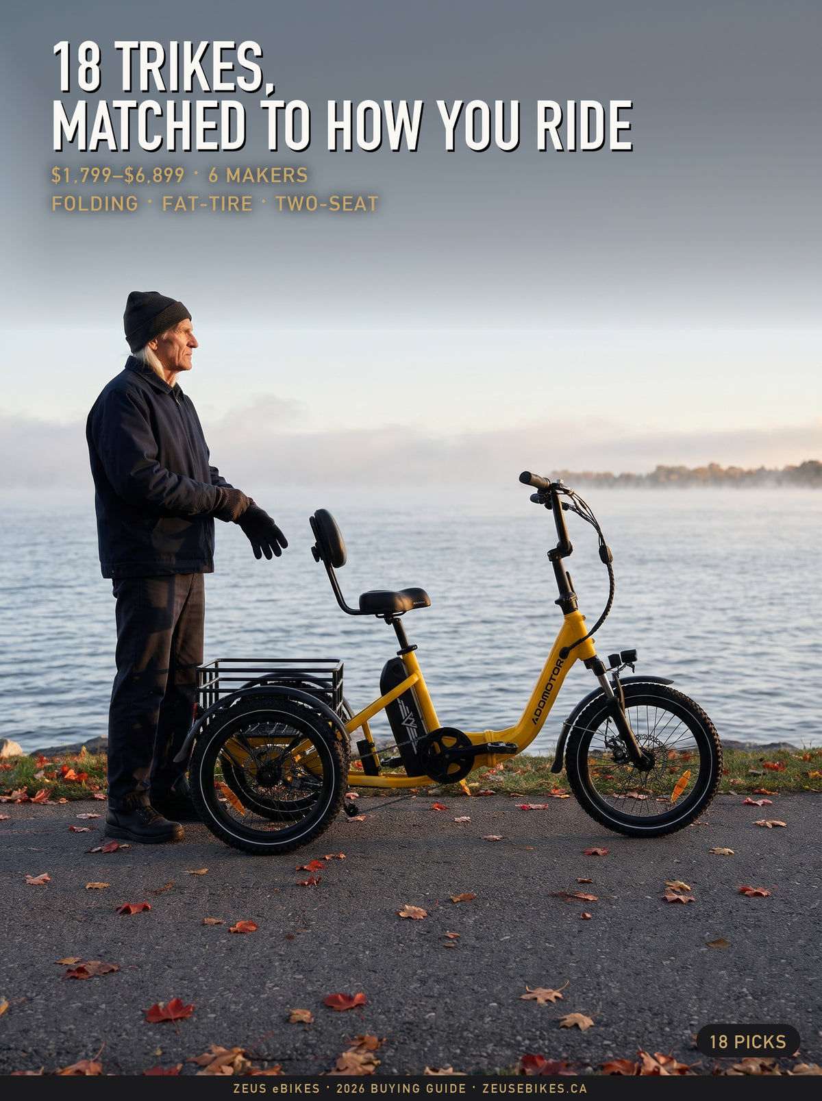 A Playcut rendering of Zeus beside a yellow Addmotor Citytri E-310 electric trike on a Lake Ontario trail in October