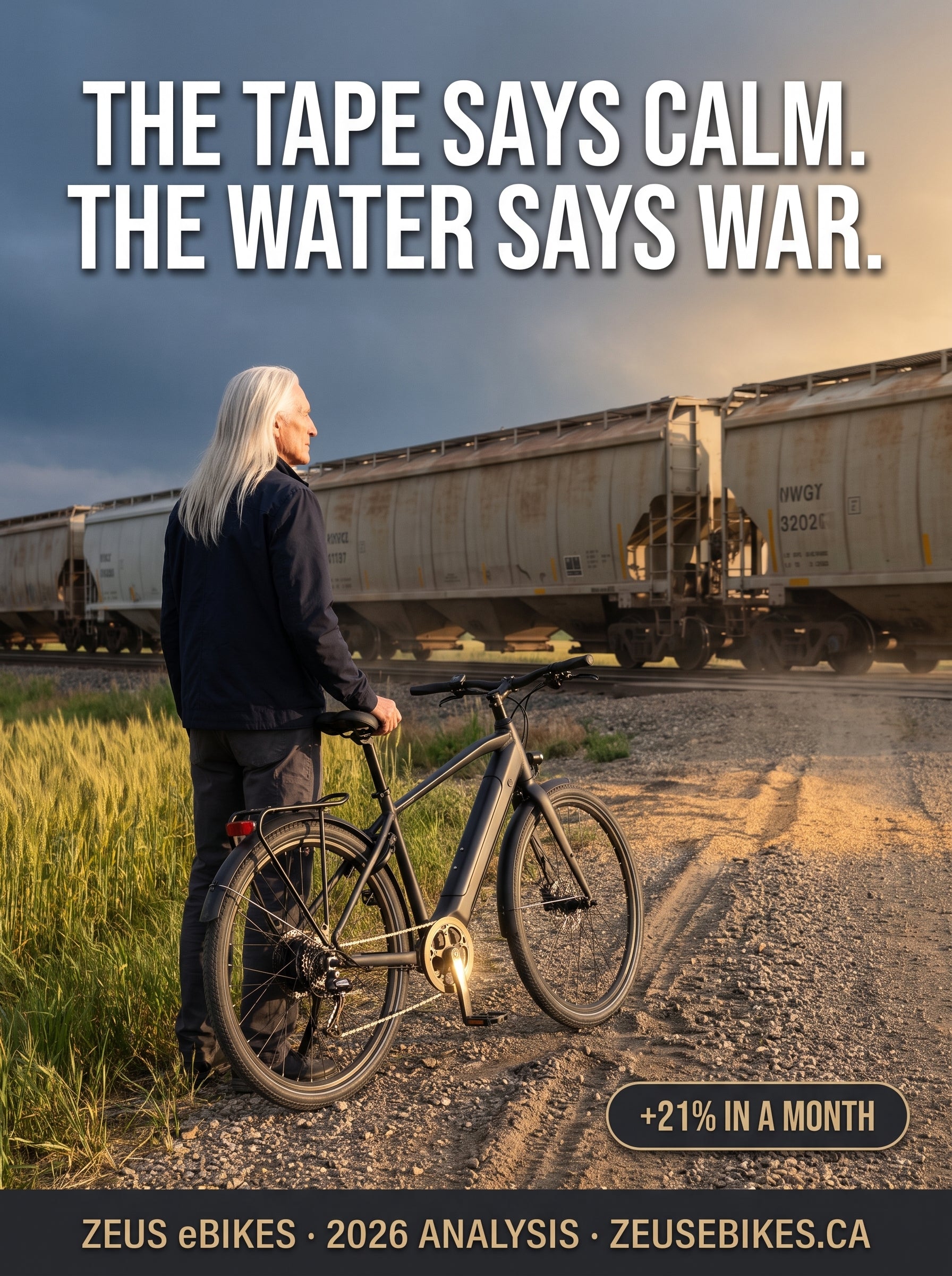 A man with an e-bike watches a grain train cross the Saskatchewan prairie as a storm front builds — the cover of the 2026 fertilizer and food price analysis