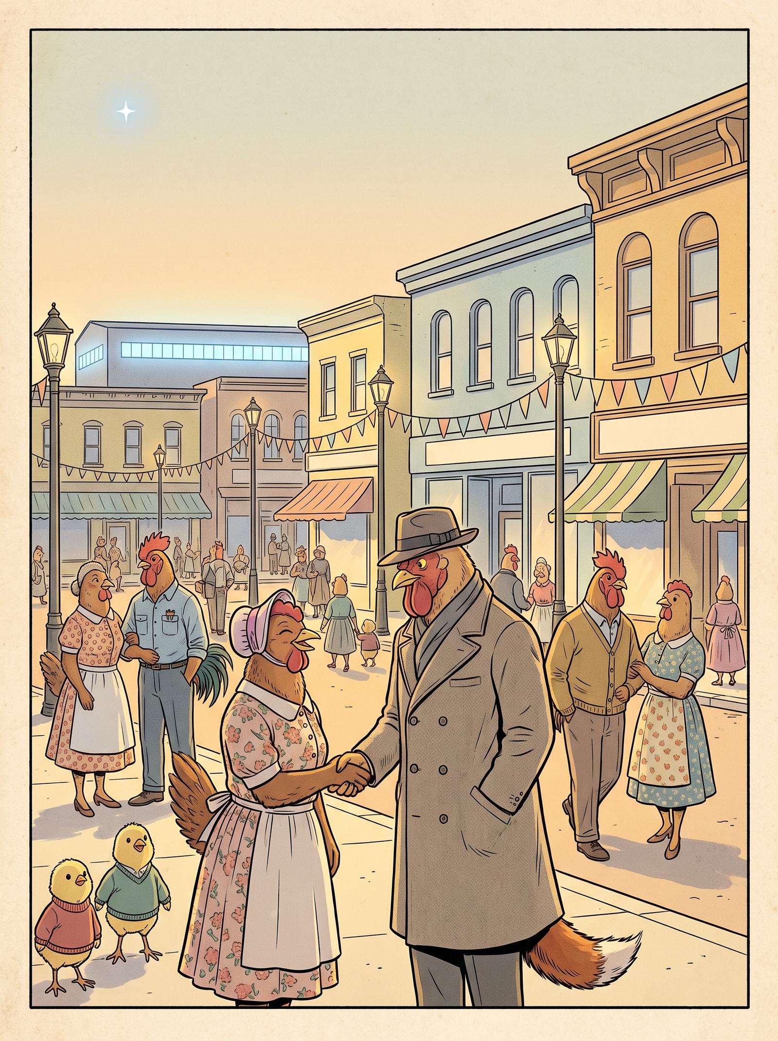 A tall figure in a fine overcoat shakes a hen's wing in a sunlit small-town square of chickens; below his coat hem, a fox tail