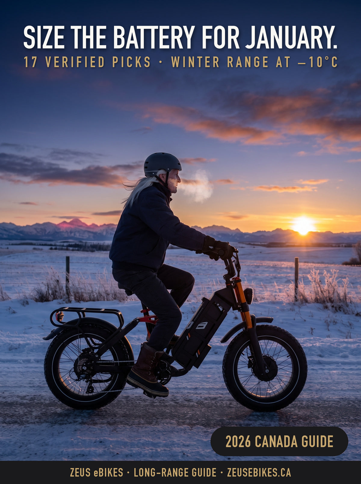 Zeus riding a black Eahora Juliet Pro II e-bike on a snowy prairie road under a low winter sun, a Playcut rendering: best long-range electric bikes in Canada, 2026
