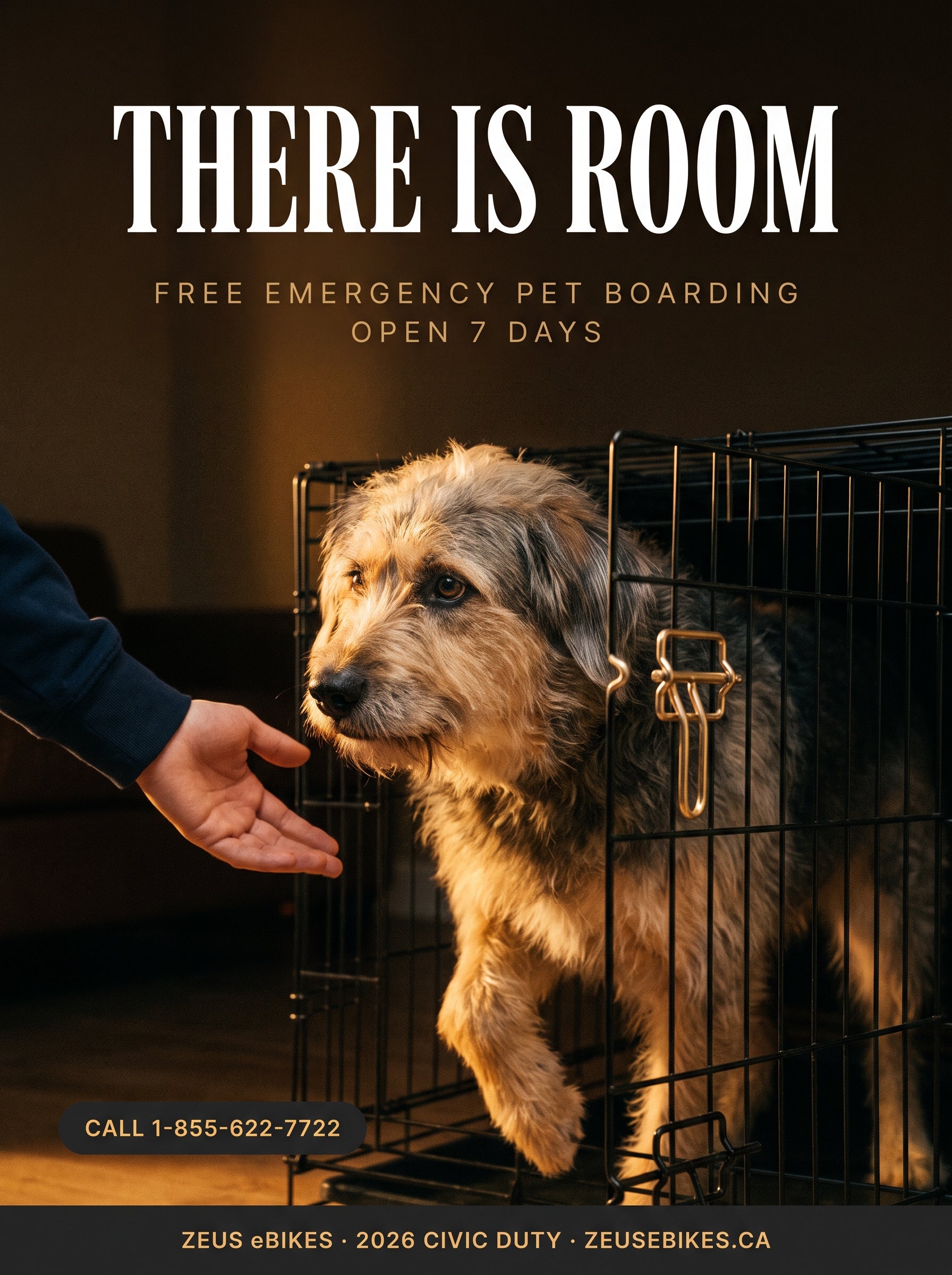Magazine-style cover: a dog stepping out of an open emergency crate toward a welcoming hand — photo illustration created with Playcut AI