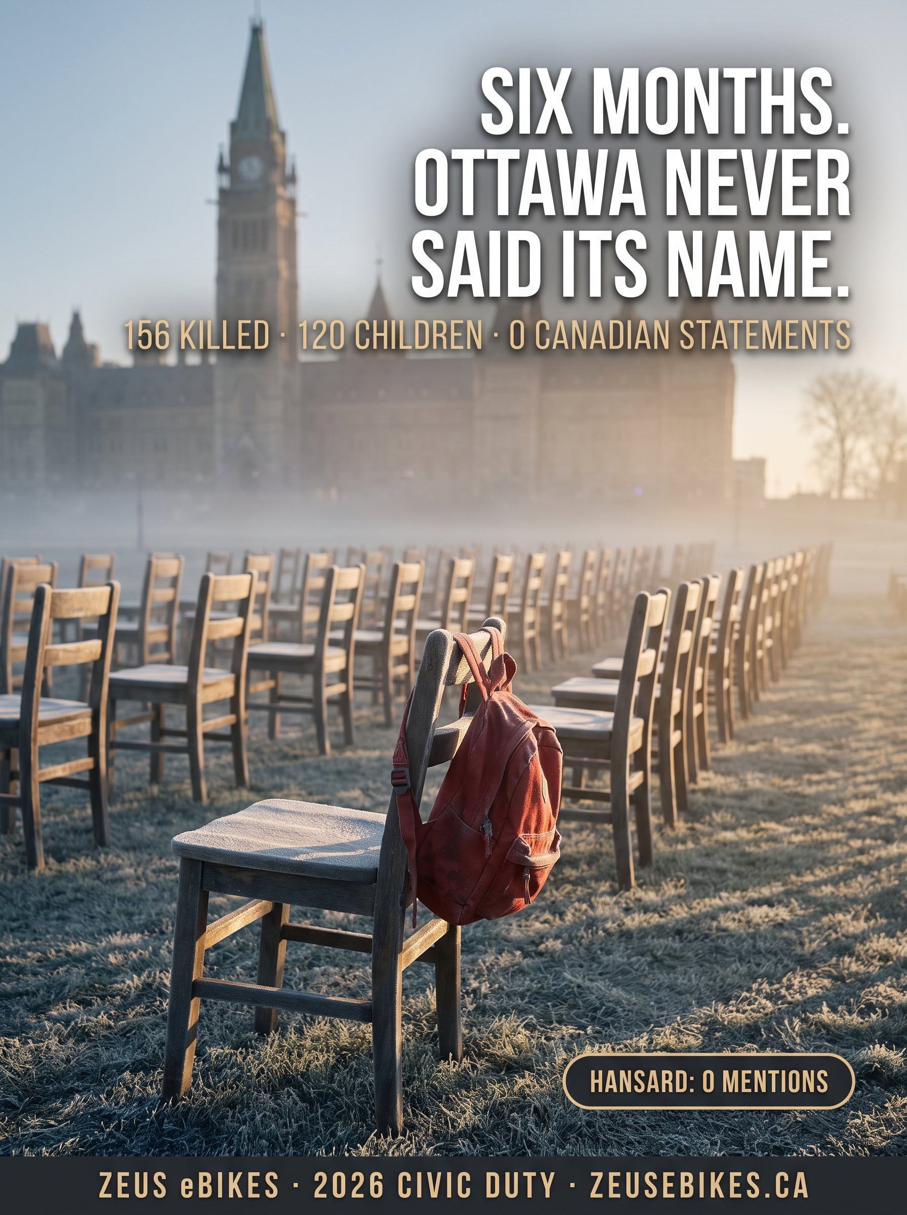 Editorial memorial installation: 156 empty small school chairs on the frost-covered lawn of Parliament Hill at dawn, one with a red child's backpack — headline 'Six months. Ottawa never said its name.'