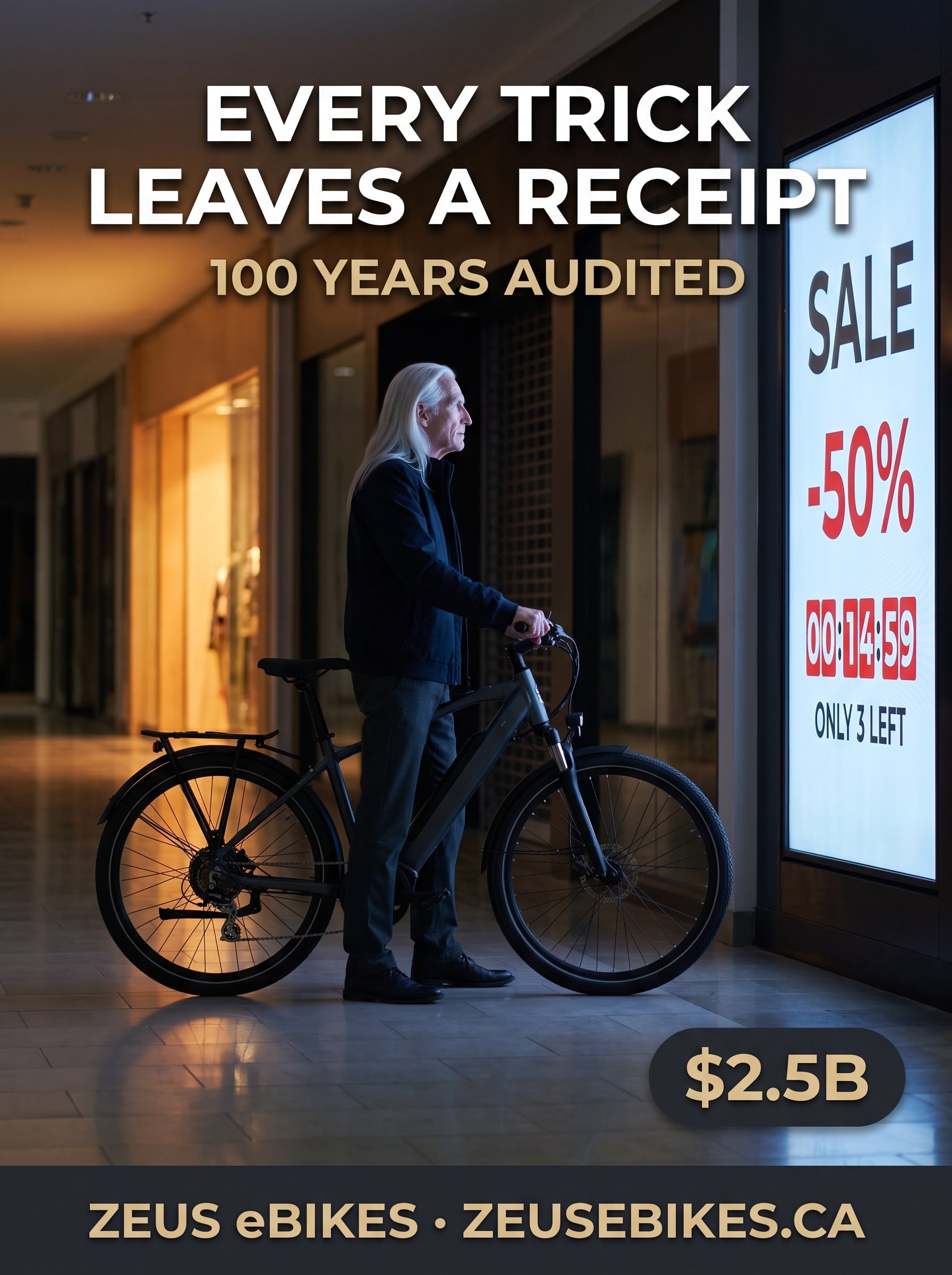 A man stands with his e-bike before a glowing wall of sale countdown screens in a dark arcade - the persuasion machine, audited