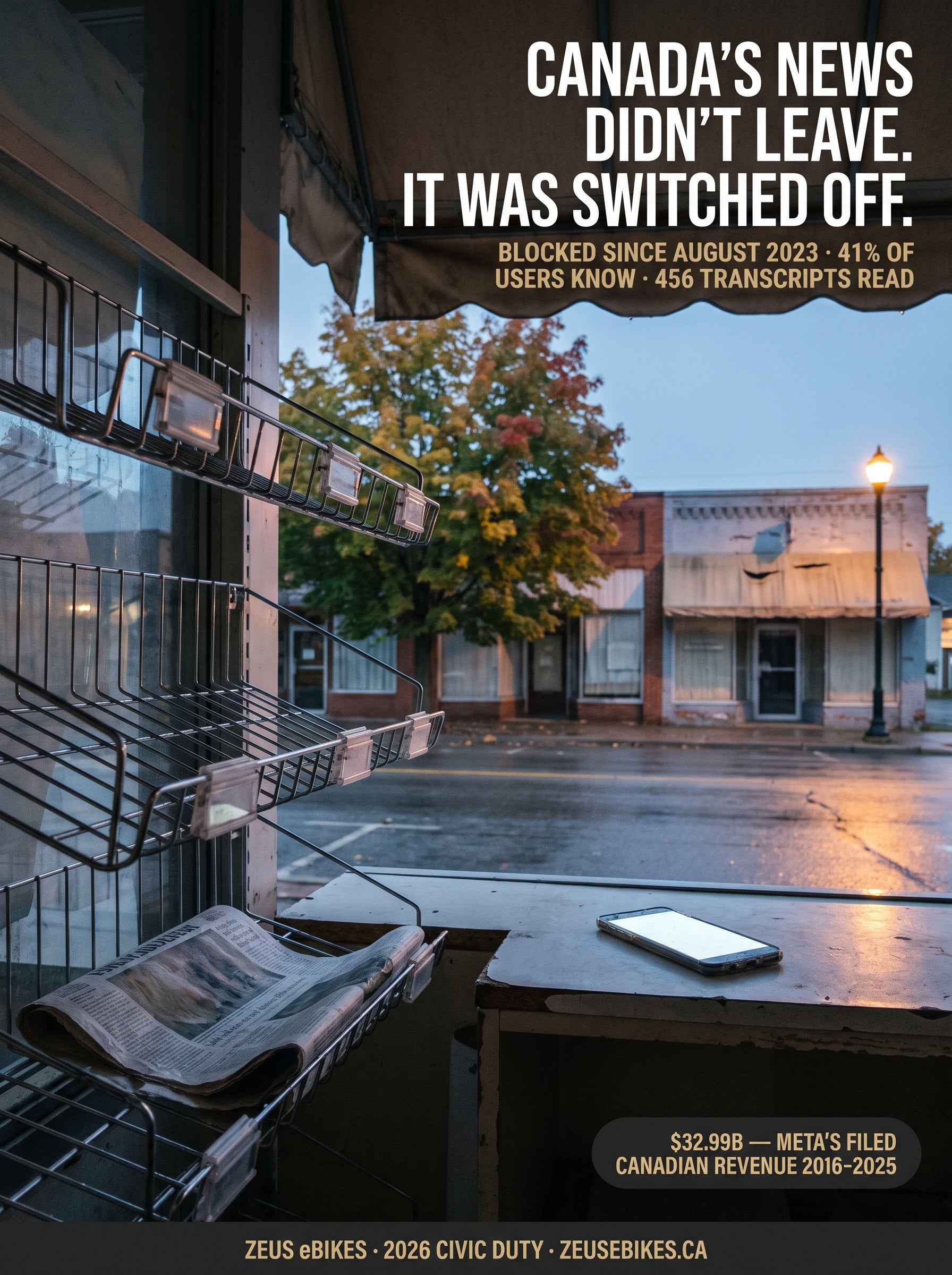 A newsstand at dawn on an empty Canadian street, its racks bare except for one weathered paper, a phone face-up on the counter showing a blank feed