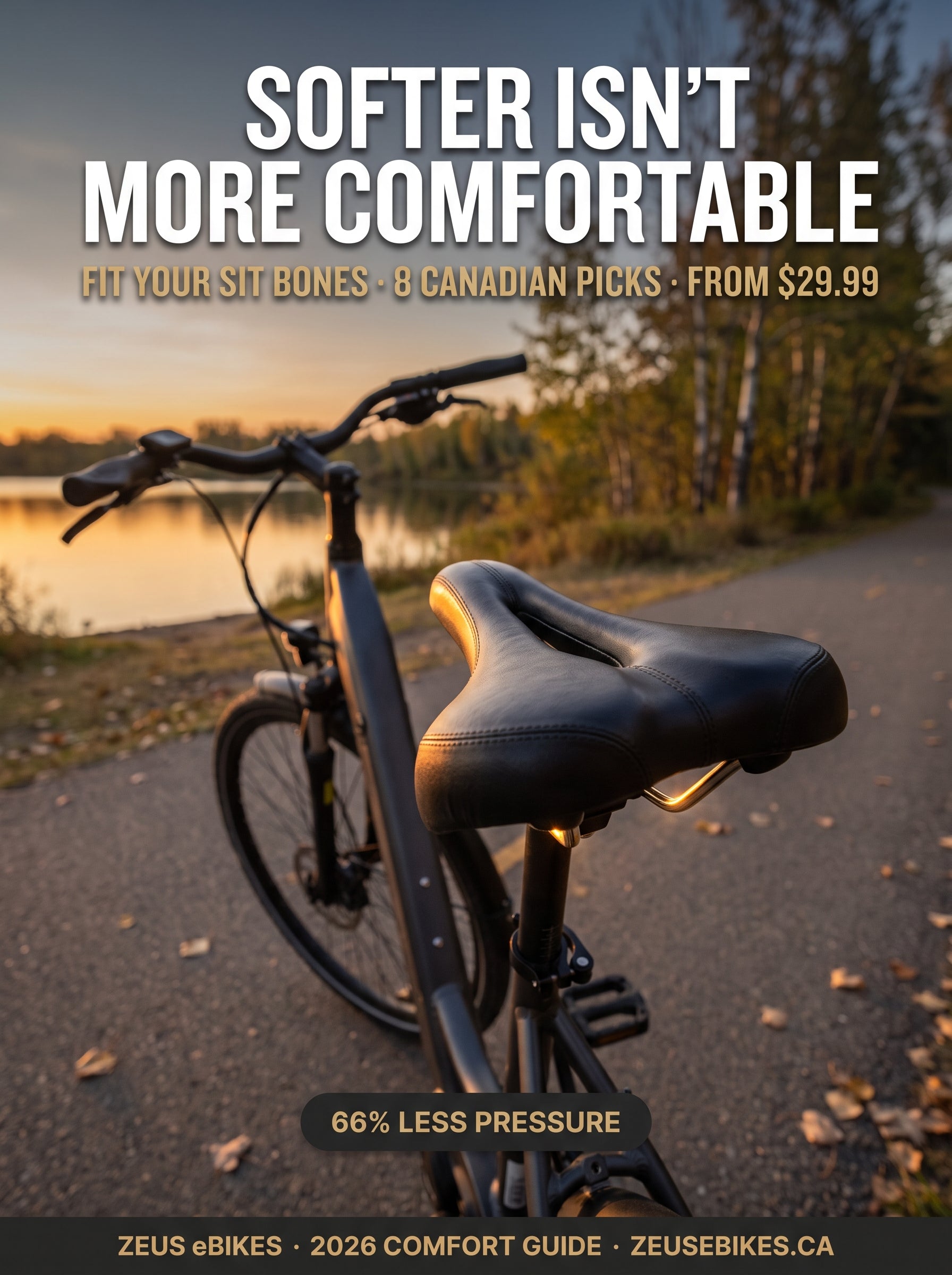 A comfortable leather eBike saddle close-up on a Canadian lakeside path at golden hour — Zeus eBikes comfort seat guide