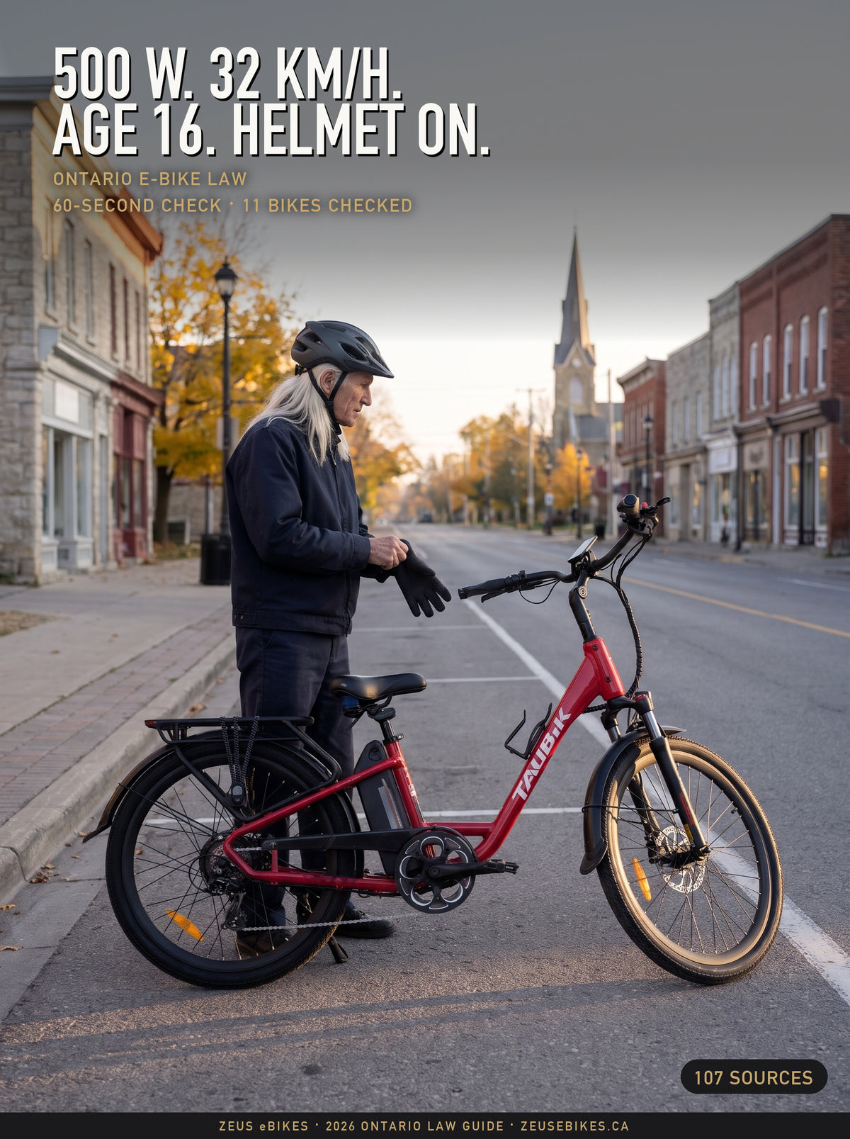 Zeus pulling on a glove, helmet buckled, beside a Lava Red Taubik Vista 26 on a small eastern Ontario main street at first light, a Playcut rendering, with the guide's cover type: 500 W, 32 km/h, age 16, helmet on, 11 bikes checked