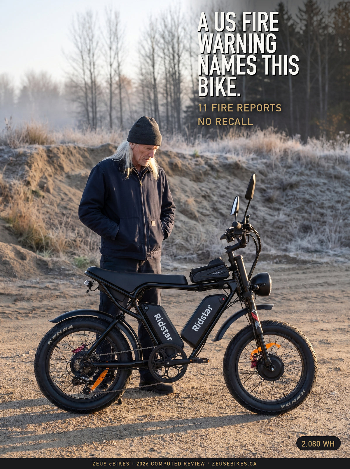Zeus stands behind a black Ridstar Q20 Pro in a frosted gravel pit in Ontario at sunrise, a Playcut rendering, under the headline A US fire warning names this bike