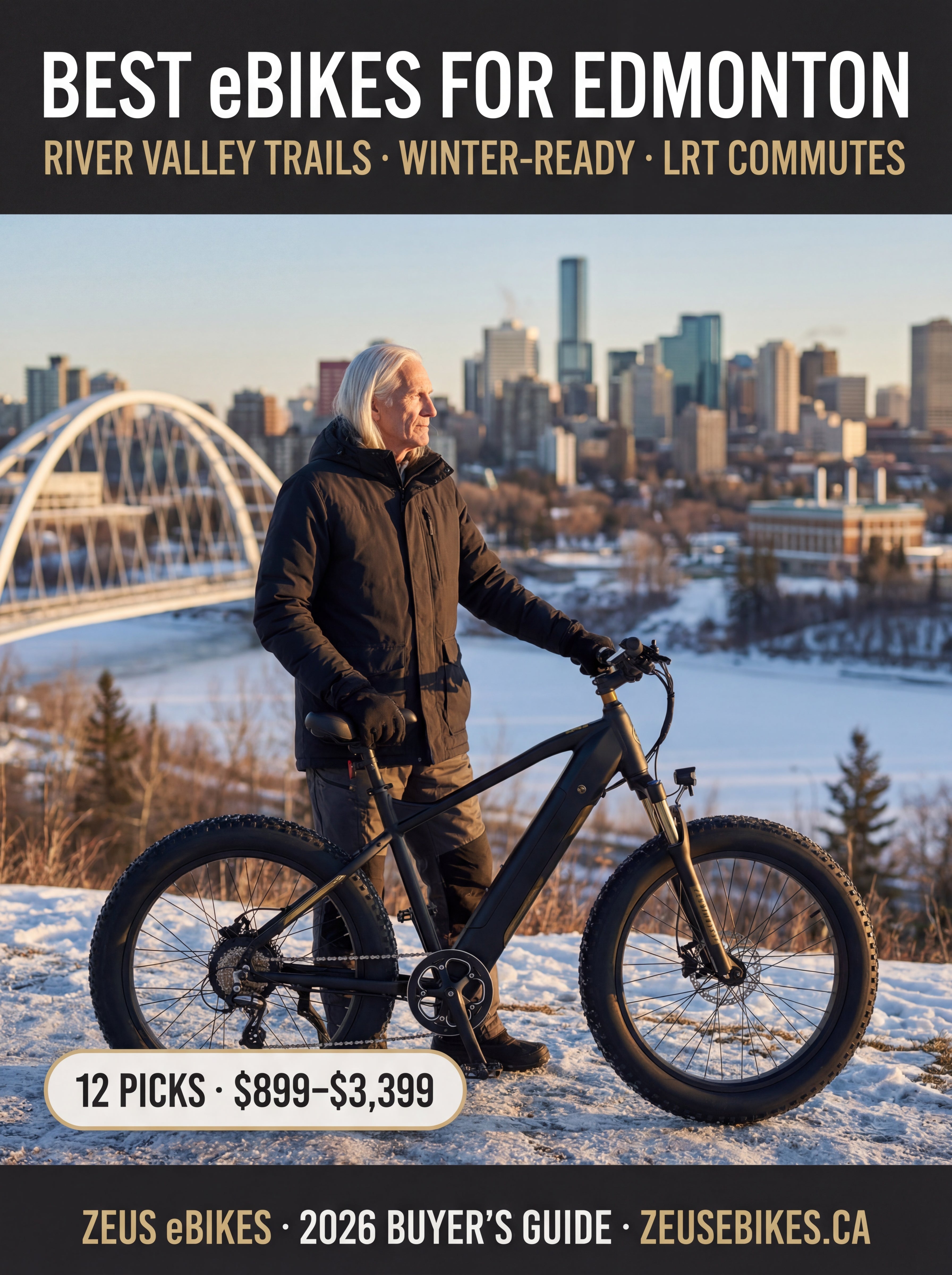 Electric bikes on Edmonton River Valley trail with North Saskatchewan River and city skyline in background