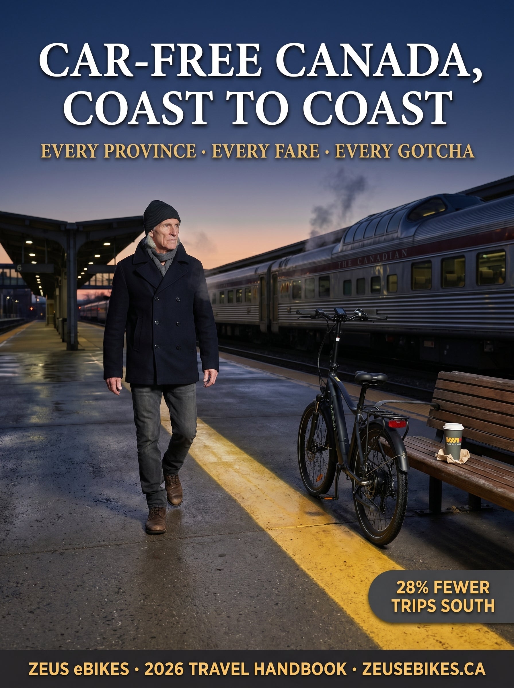 The Honest Car-Free Canada Handbook 2026 — cover photo · Zeus eBikes Canada