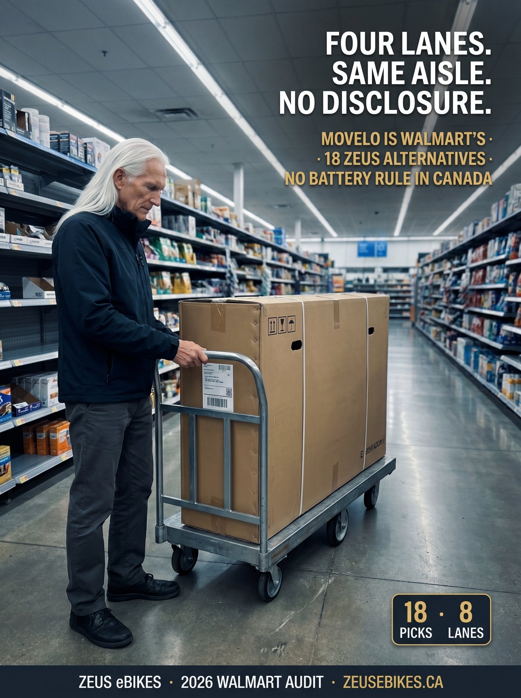 Zeus in a dark navy jacket standing beside a steel Walmart flat cart carrying a large unlabelled cardboard e-bike box, eyes angled down reading the shipping label, overhead fluorescent light and a blurred warehouse-style aisle behind him