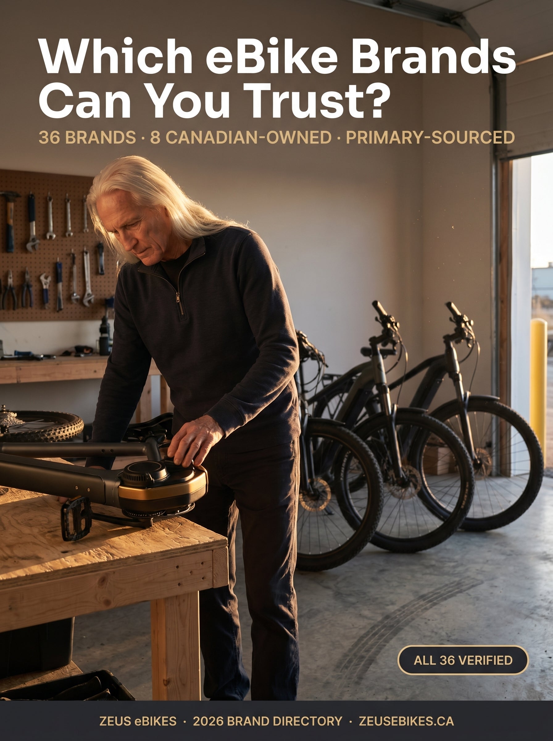 Zeus eBikes Canada brand directory cover — 36 verified electric bike brand profiles, National Geographic style