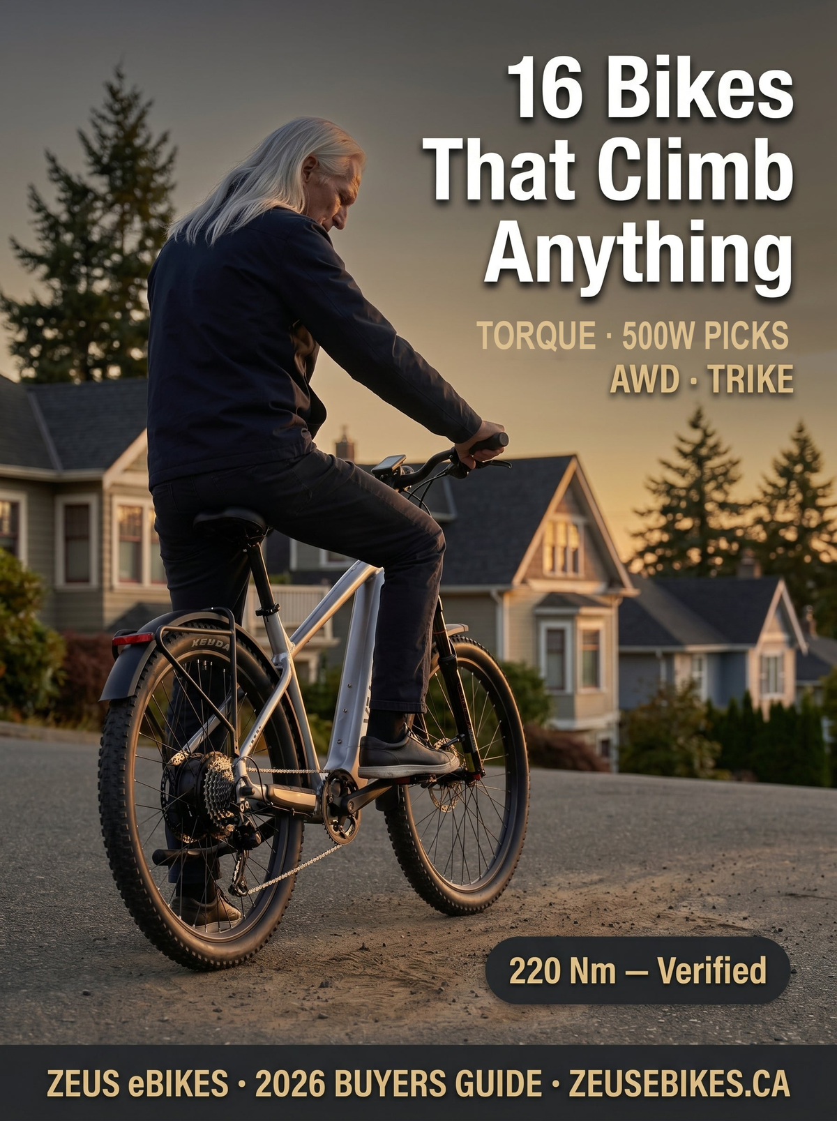 Best electric bikes for steep hills Canada 2026 — Zeus on a suburban residential hill at golden hour, 16 picks by torque terrain and budget