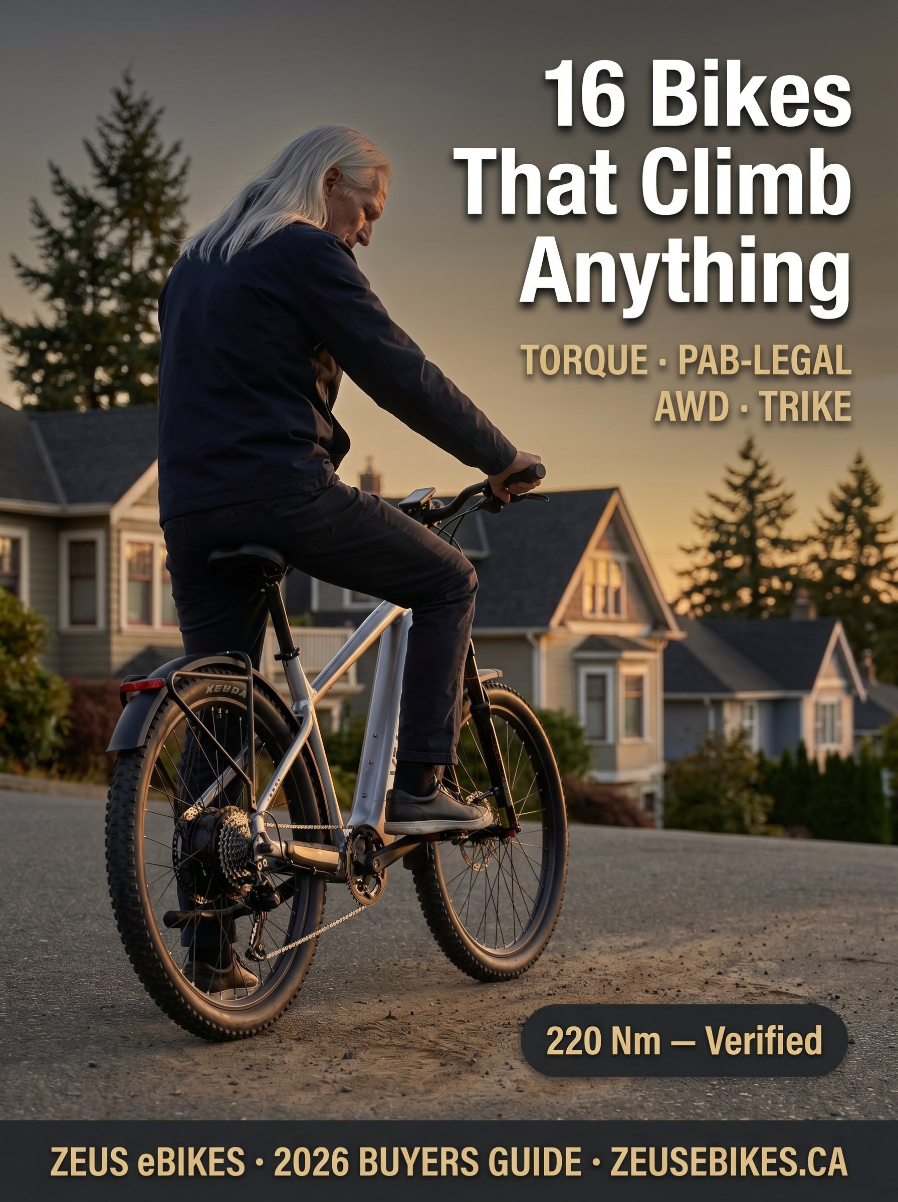 Best electric bikes for steep hills Canada 2026 — Zeus on a suburban residential hill at golden hour, 16 picks by torque terrain and budget