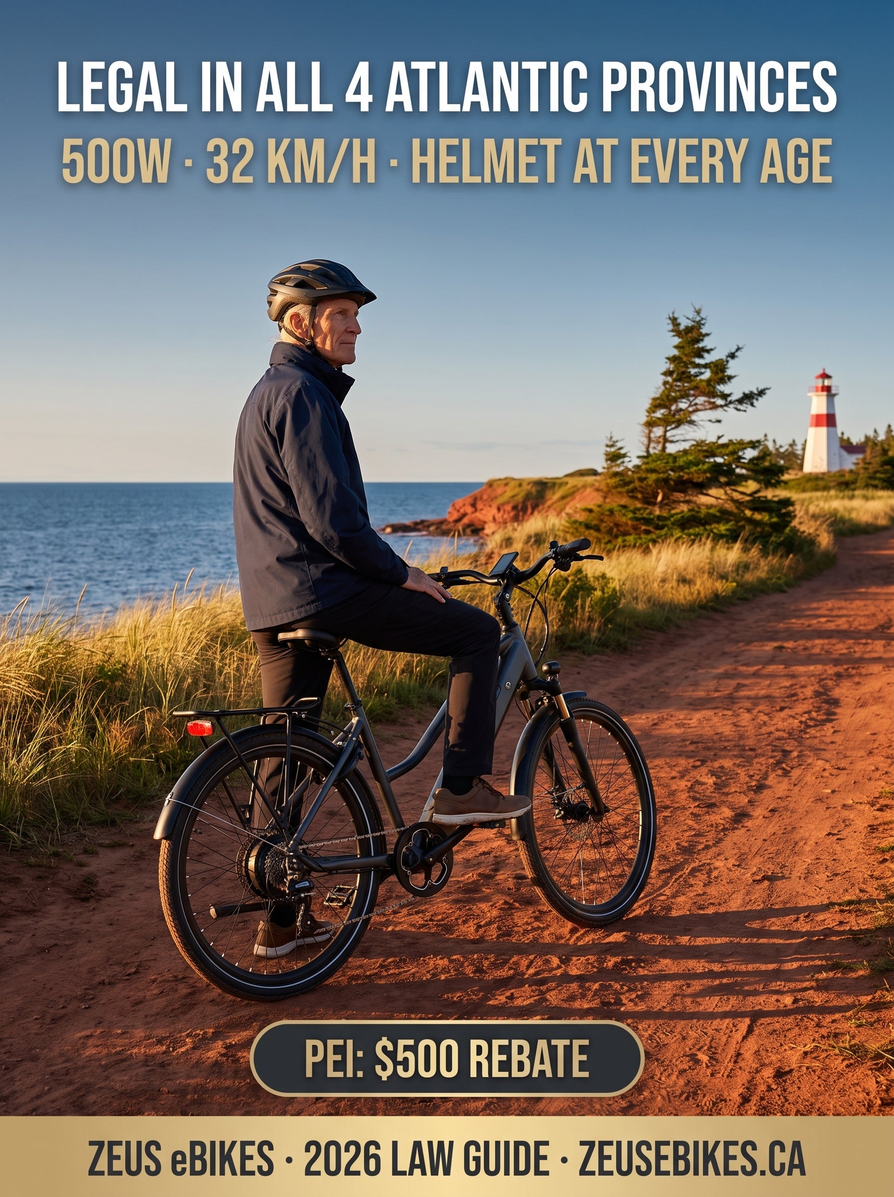 Atlantic Canada e-bike laws 2026 — a rider in a buckled helmet on a 500W step-through e-bike pauses on Prince Edward Island's red-cliff coast; the legal rules for NS, NB, PEI and NL