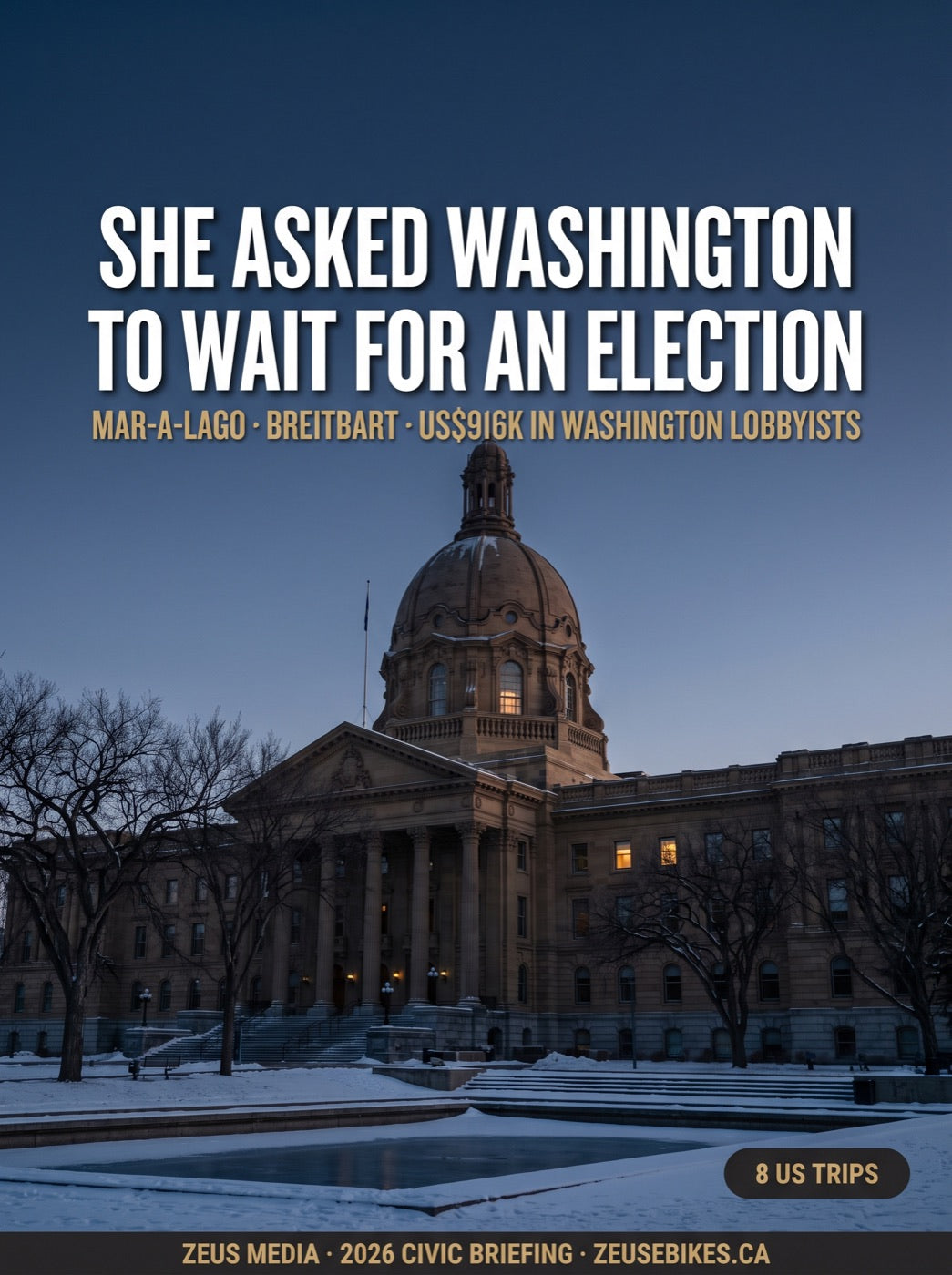 The Alberta Legislature Building at blue hour in late winter, one upper-floor window lit gold above a frozen reflecting pool