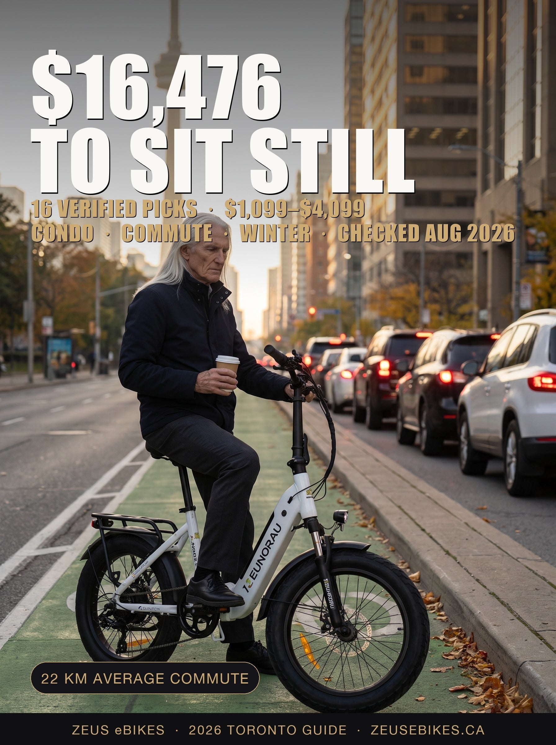 Zeus with a folding eBike in a green-painted Toronto bike lane at golden hour, CN Tower behind and gridlocked cars alongside — Toronto eBike buying guide 2026
